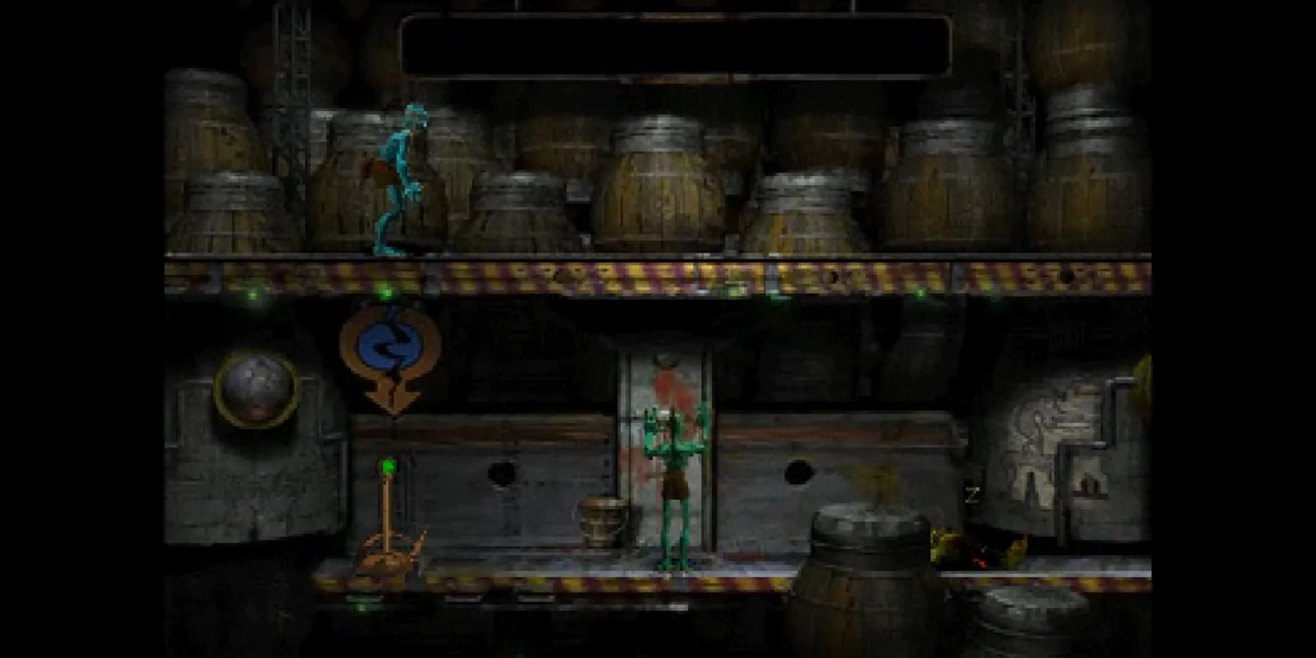 Abe trong nhà máy RuptureFarms của Oddworld: Abe's Oddysee với các chi tiết công nghiệp và máy móc đặc trưng