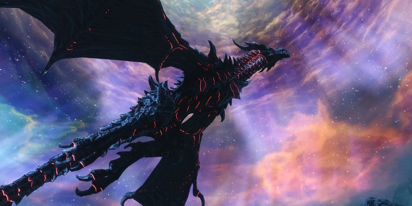 Alduin rồng đen huyền thoại trùm cuối Skyrim bay lượn trên bầu trời