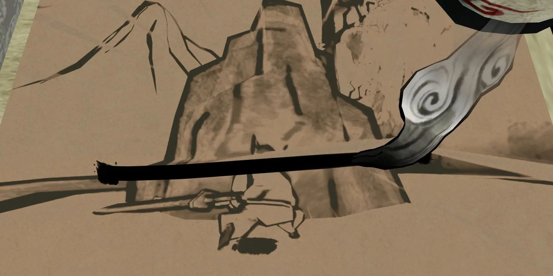 Amaterasu dùng Celestial Brush hỗ trợ Susano chém đá trong Okami