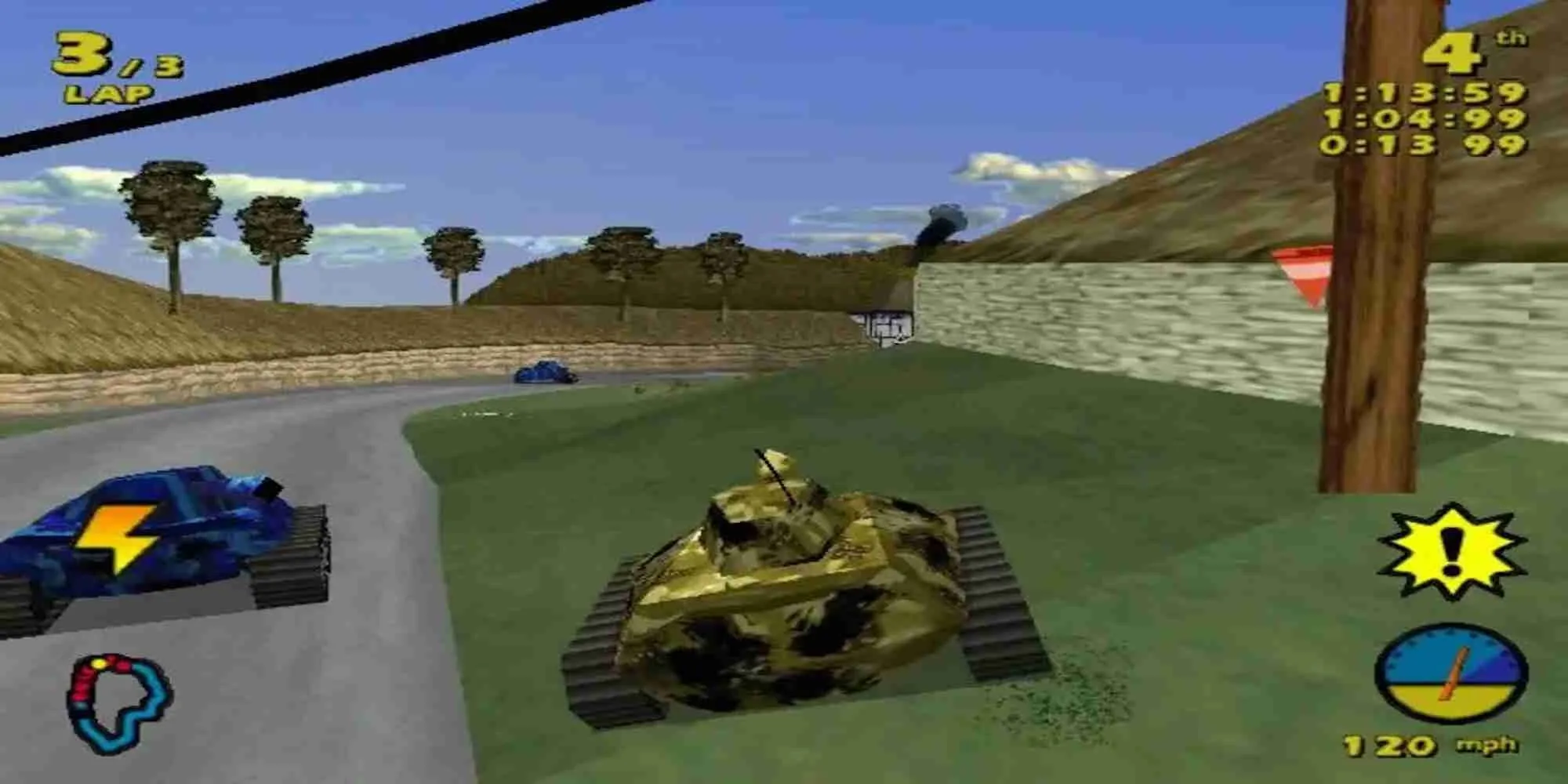 Ảnh bìa game Tank Racer trên PS1 với xe tăng đang chiến đấu và phá hủy môi trường