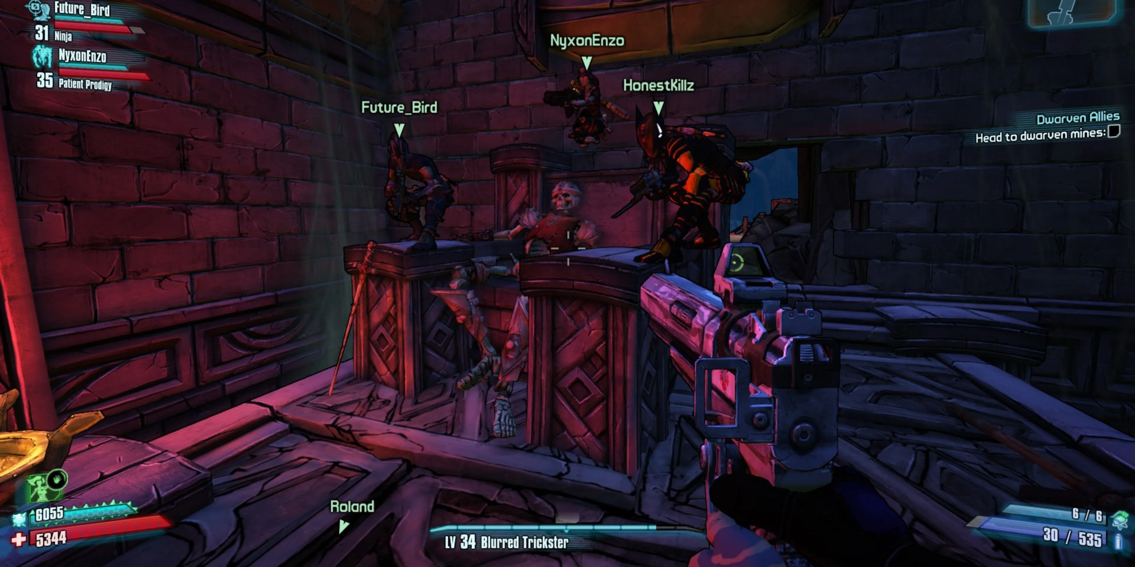 Ảnh chụp màn hình Borderlands 2 với người chơi và bạn bè trong game đồ họa comic