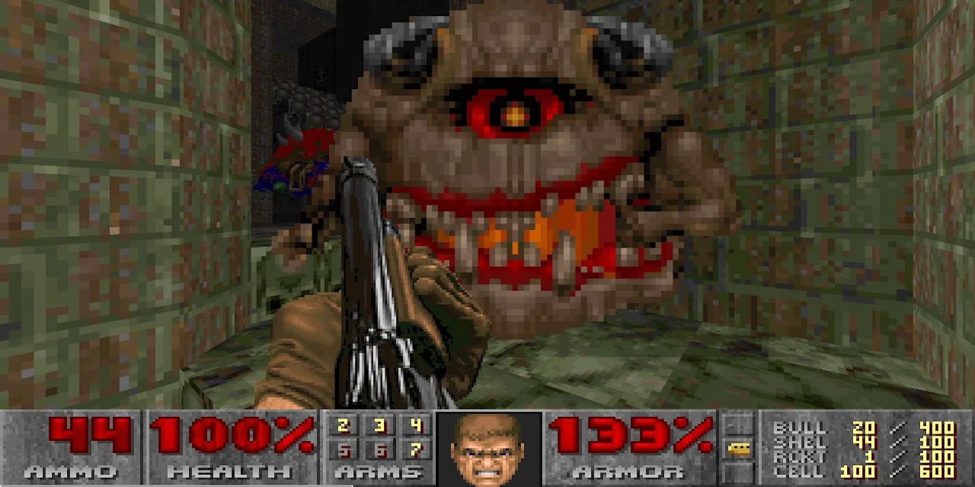 Ảnh chụp màn hình Doom II với cảnh chiến đấu hỗn loạn và nhiều quái vật