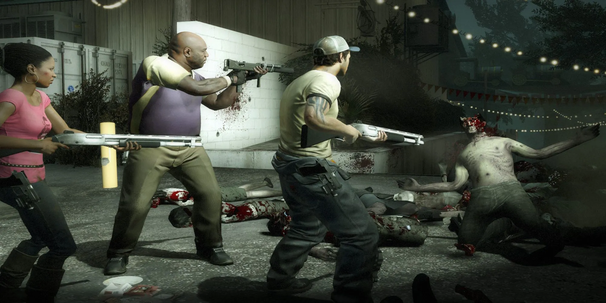 Ảnh chụp màn hình game Left 4 Dead 2 từ Steam với bốn người sống sót chiến đấu với zombie