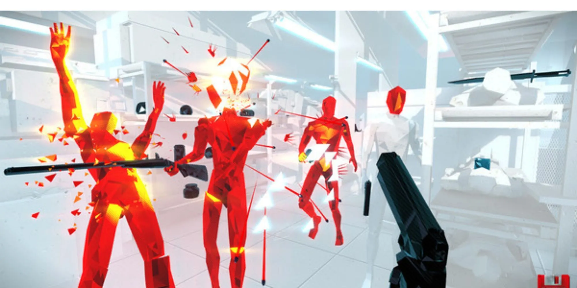 Ảnh chụp màn hình gameplay SUPERHOT với nhiều kẻ địch màu đỏ trên nền trắng tối giản