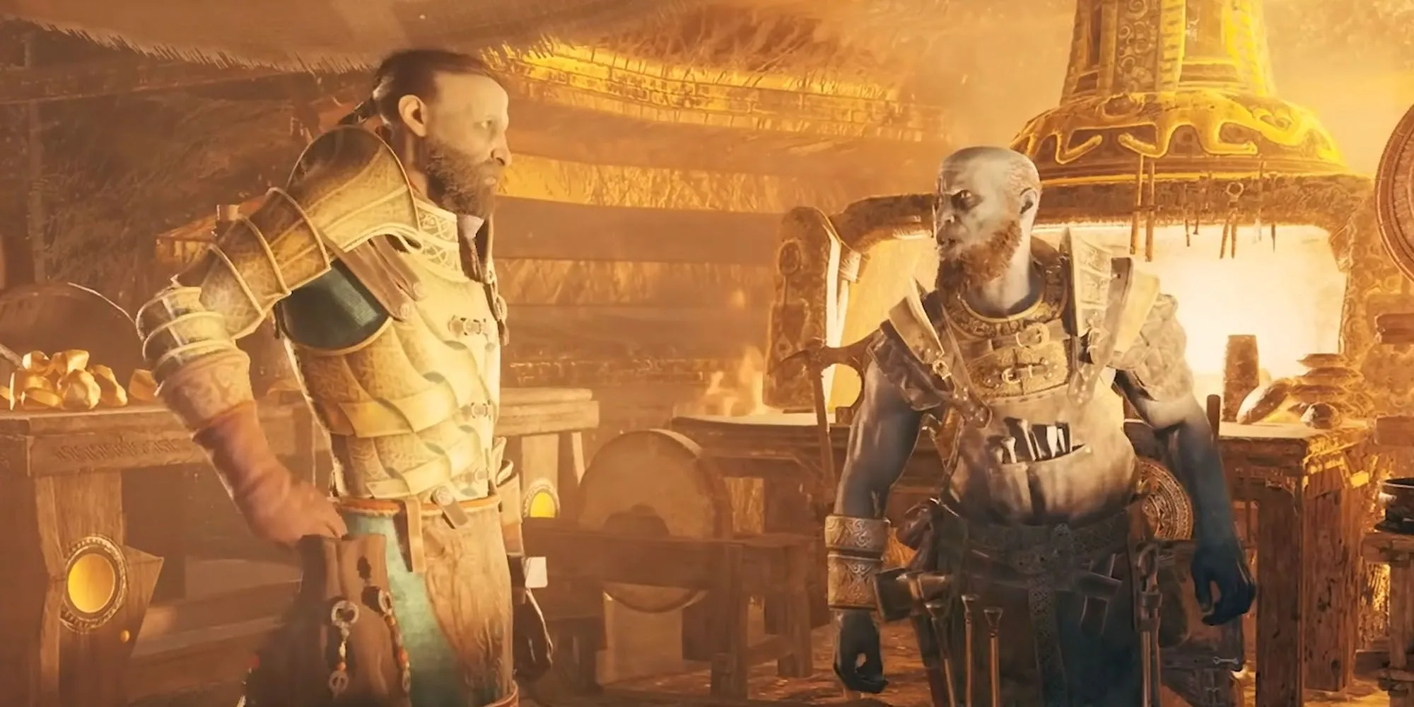 Anh em thợ rèn Brok và Sindri Huldra trong God of War tại xưởng rèn của họ