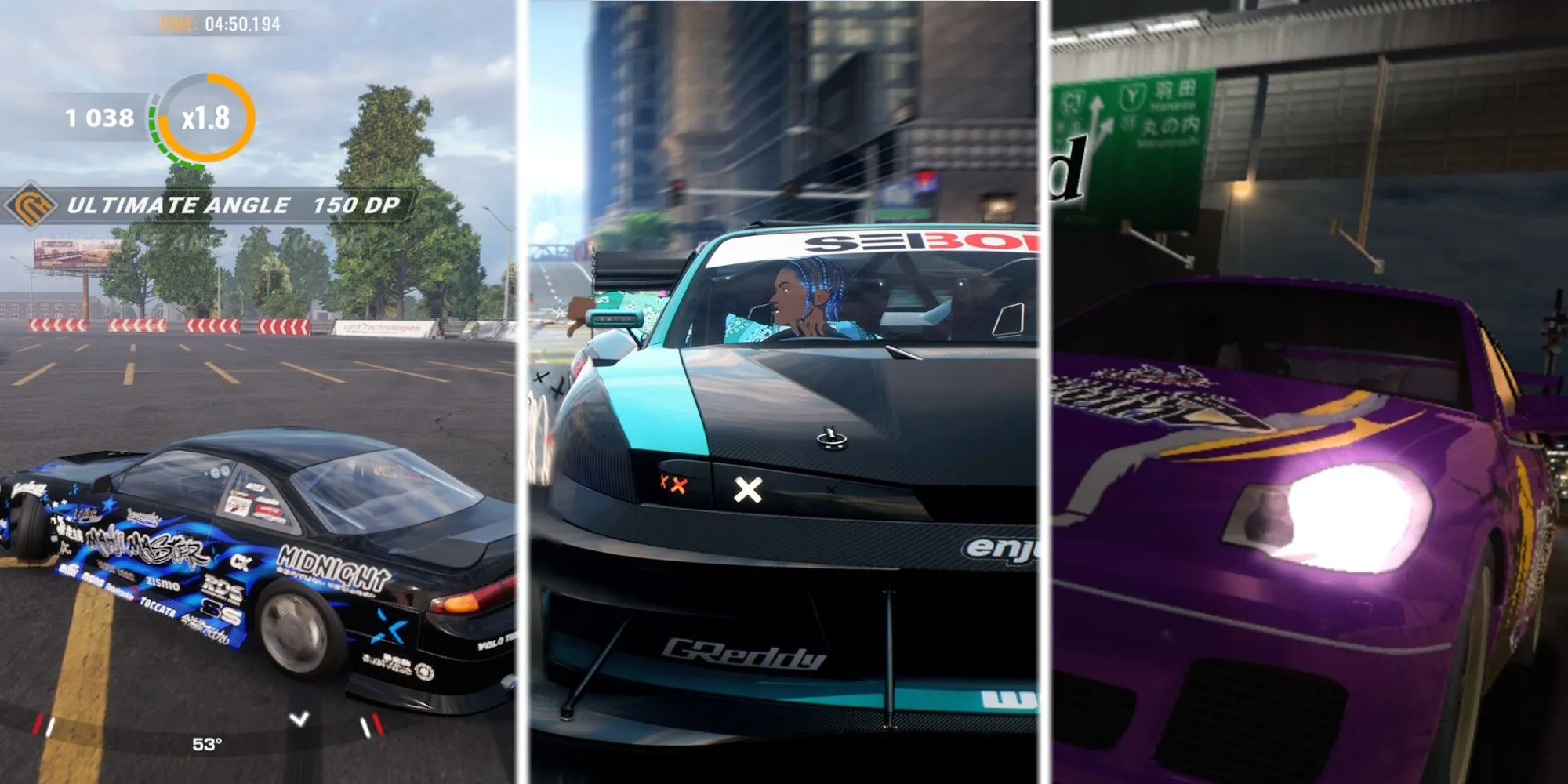 Ảnh ghép ba chiếc xe đua thể thao đang thực hiện kỹ thuật drift điêu luyện trên đường đua Forza Horizon 5