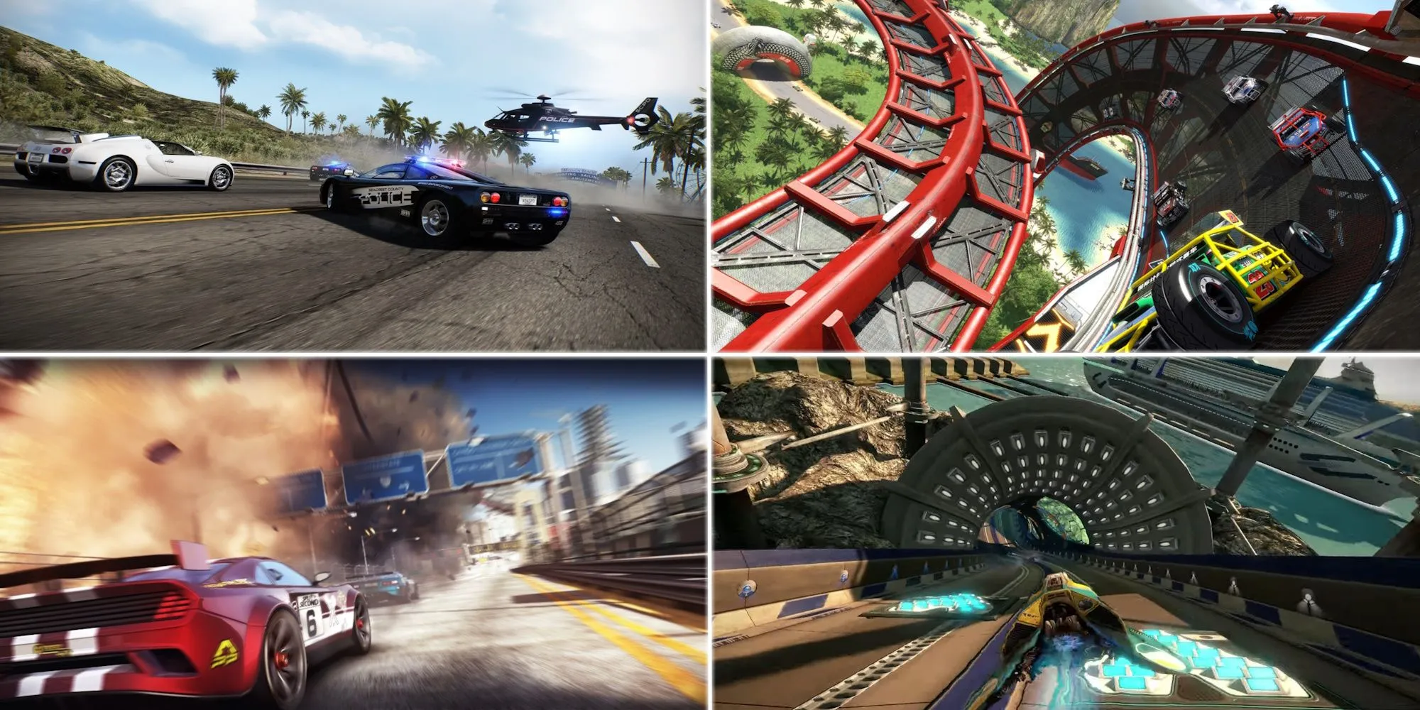 Ảnh ghép bìa của bốn tựa game đua xe nổi tiếng gồm Need for Speed Unbound, Trackmania, Split Second và Wipeout HD Collection