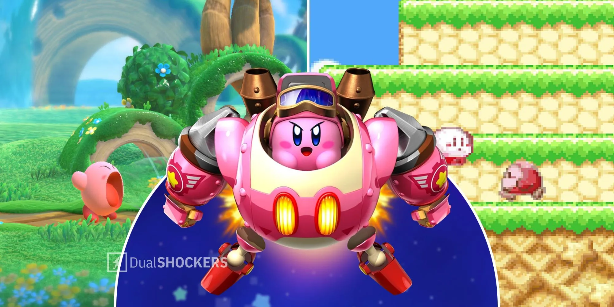 Ảnh ghép các phiên bản game Kirby khác nhau thể hiện sự đa dạng của series