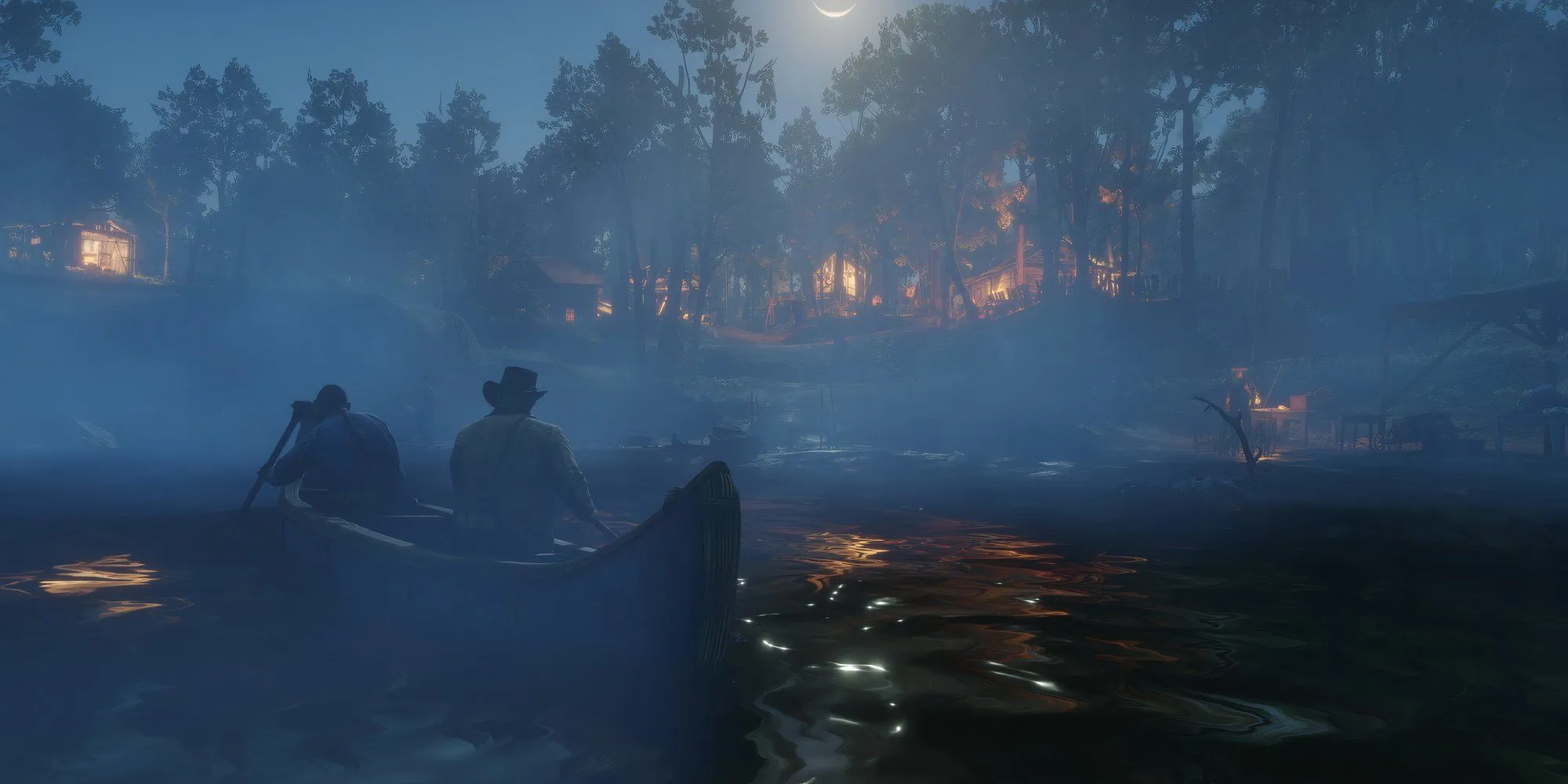 Arthur Morgan chèo thuyền cùng một nhân vật dưới ánh trăng trong Red Dead Redemption 2, khuyến khích người chơi tận hưởng không khí và cảnh đẹp của game