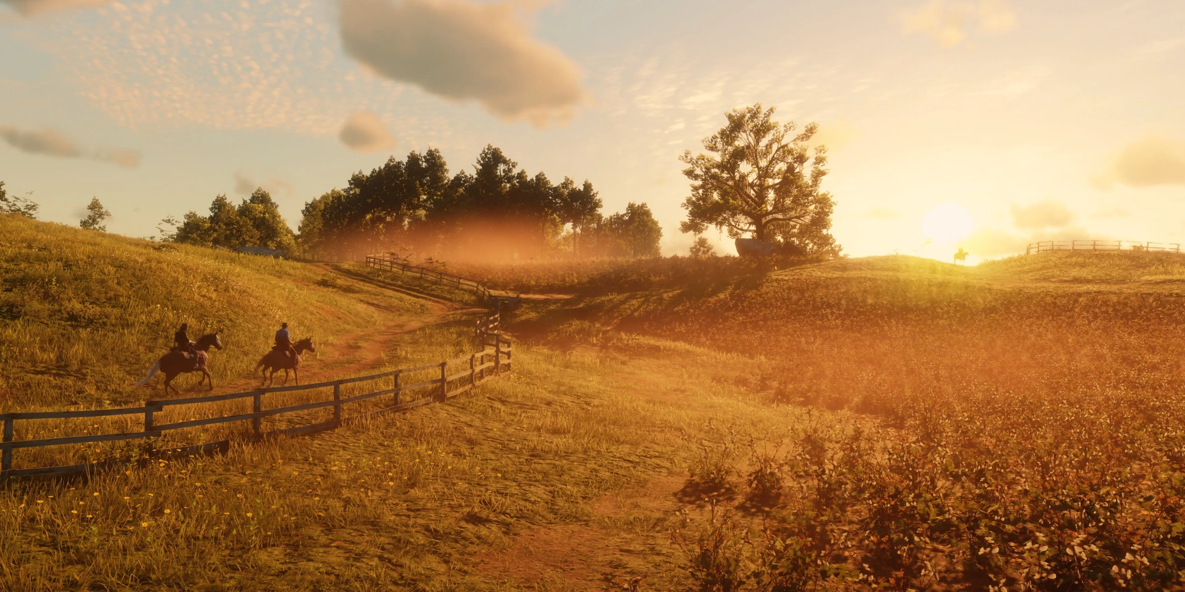 Arthur Morgan cưỡi ngựa băng qua đồng cỏ rộng lớn trong Red Dead Redemption 2, thể hiện thế giới mở chi tiết.
