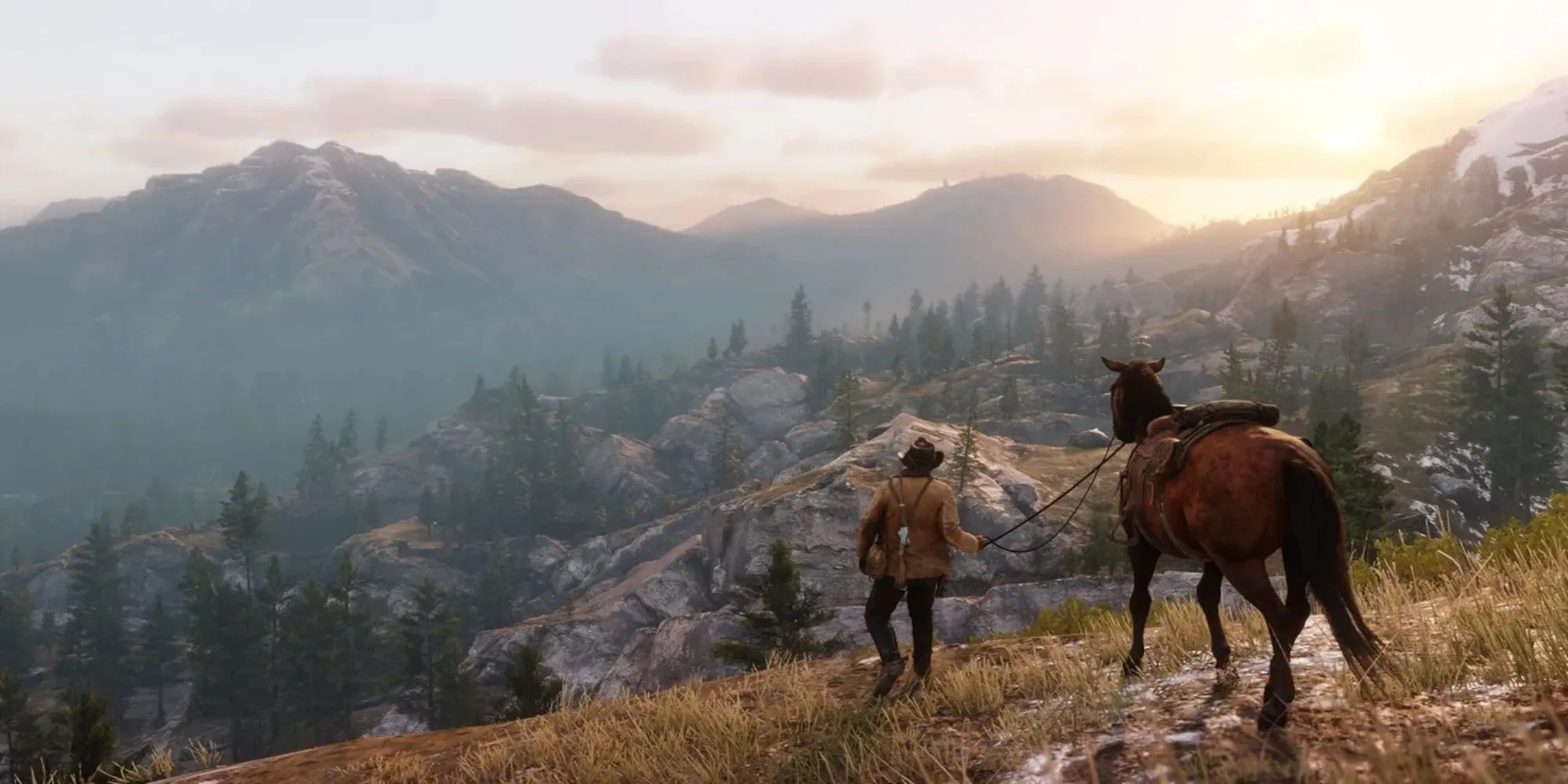 Arthur Morgan cưỡi ngựa qua cảnh quan miền Tây trong Red Dead Redemption 2