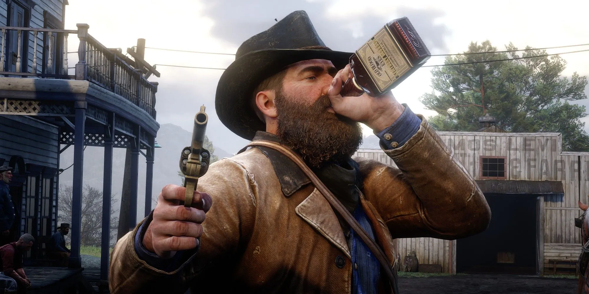 Arthur Morgan vừa uống rượu whiskey vừa nhắm khẩu súng lục, thể hiện lối chơi ngông cuồng và bất cần trong Red Dead Redemption 2