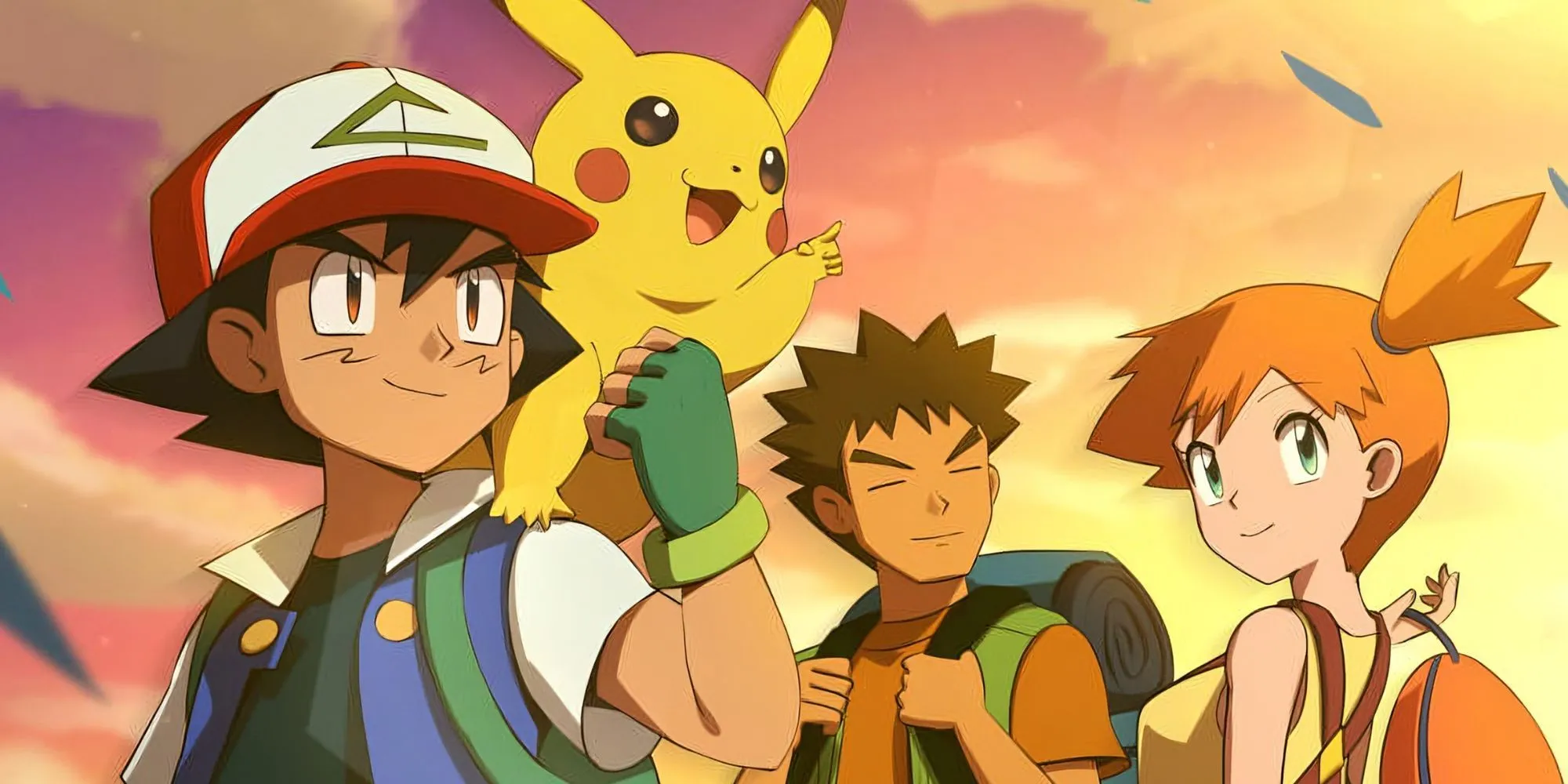 Ash, Brock, Pikachu và Misty đứng cùng nhau trong khung cảnh hoàng hôn đỏ của thế giới Pokemon