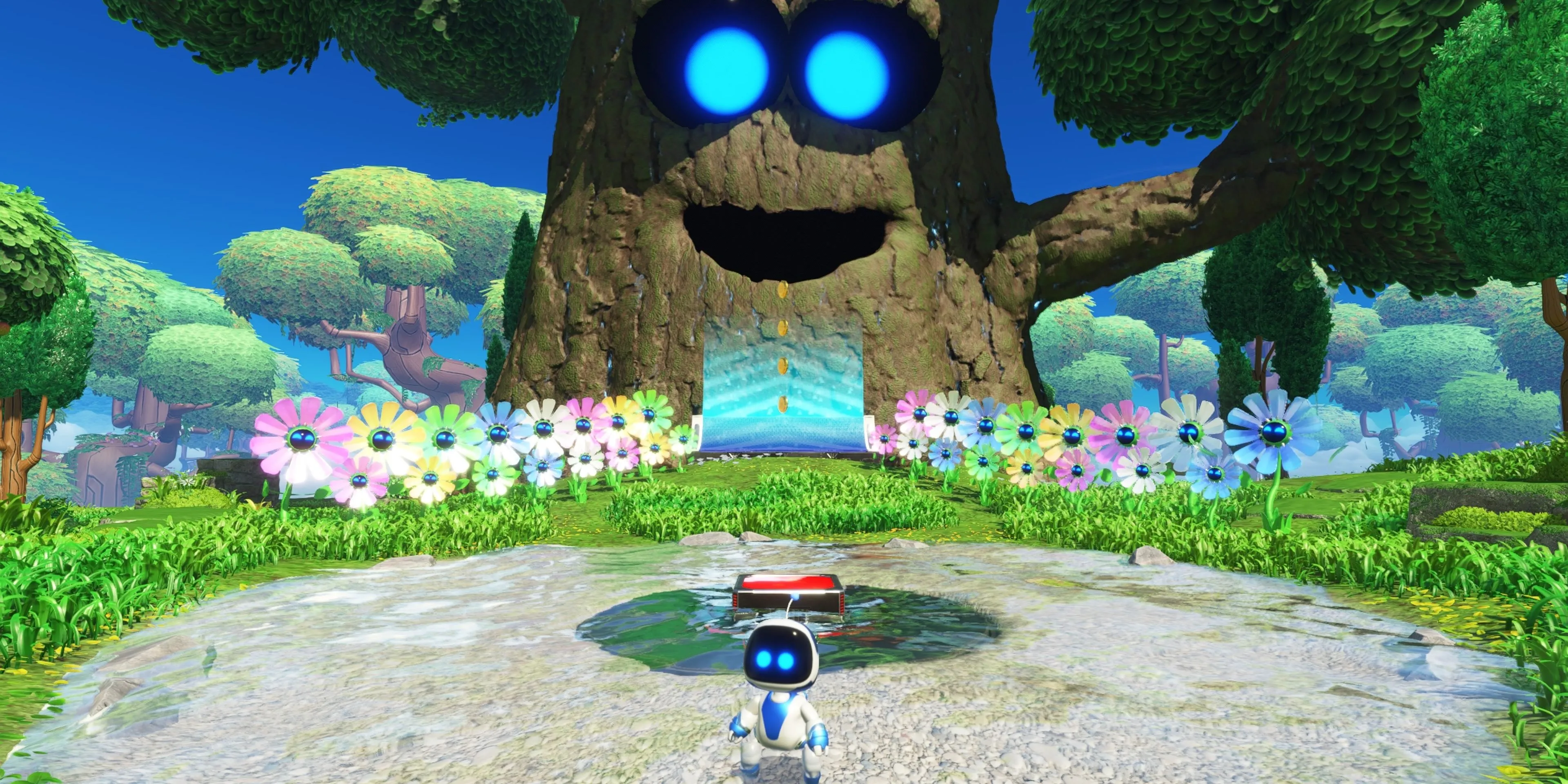 Astro Bot đứng trước Cây Funk, hình ảnh tượng trưng cho thành công và giải thưởng của game