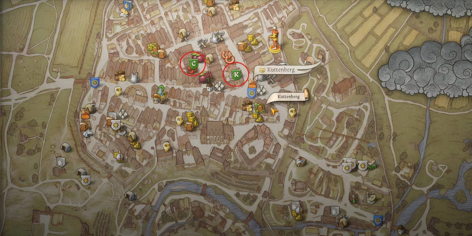 Bản đồ Kuttenberg hiển thị các địa điểm quan trọng trong nhiệm vụ Post Scriptum của Kingdom Come Deliverance 2.