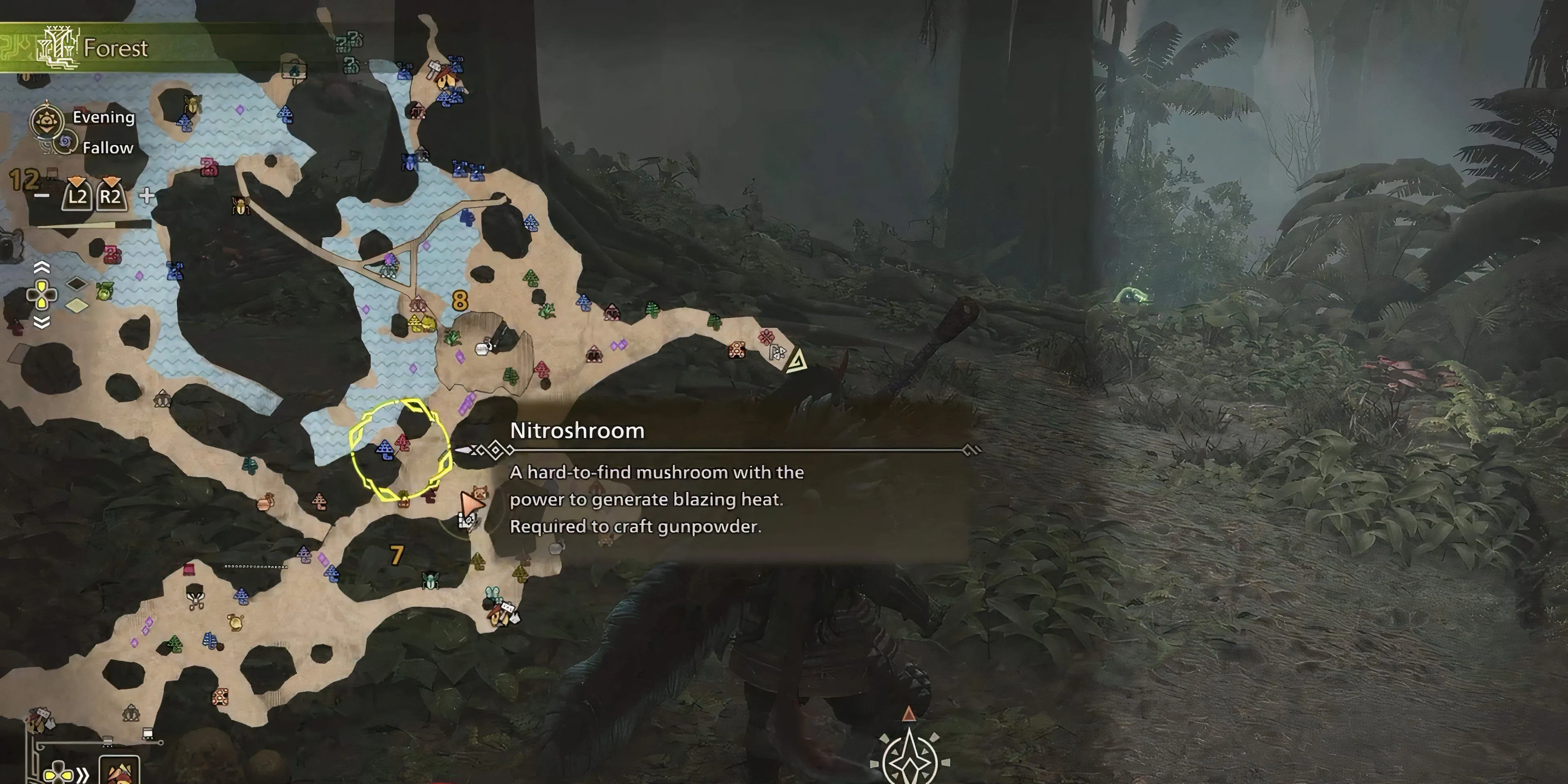 Bản đồ Monster Hunter Wilds chỉ vị trí Nitroshroom, nguyên liệu chế tạo Large Dung Pod, tại Scarlet Forest.