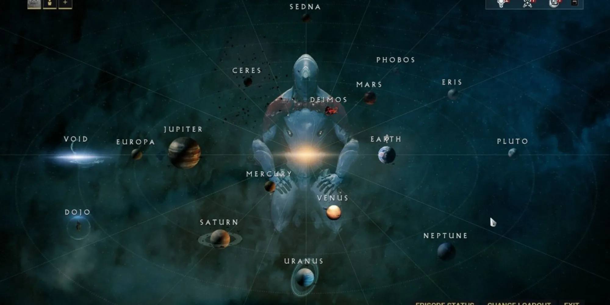 Bản đồ vũ trụ Star Chart trong Warframe với vô số hành tinh và nhiệm vụ để khám phá
