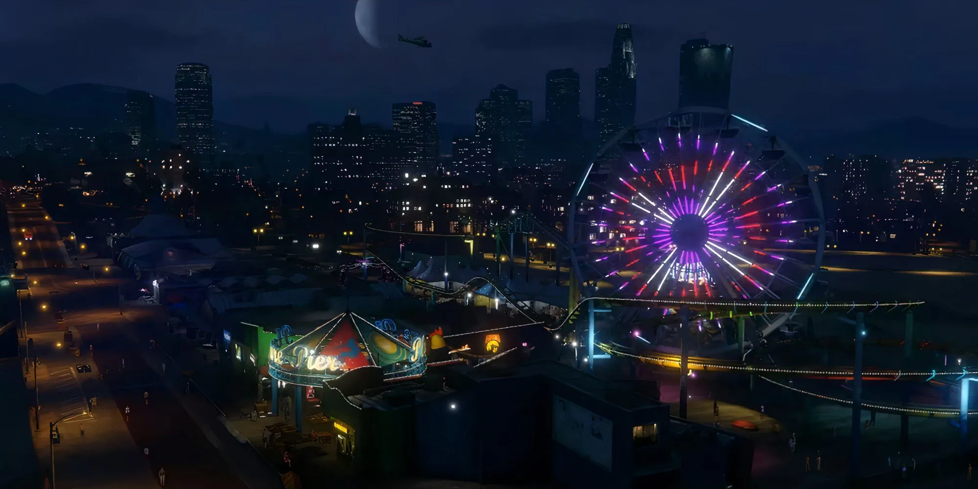 Bến tàu vào ban đêm trong GTA 5 với vòng đu quay và các ánh đèn rực rỡ.