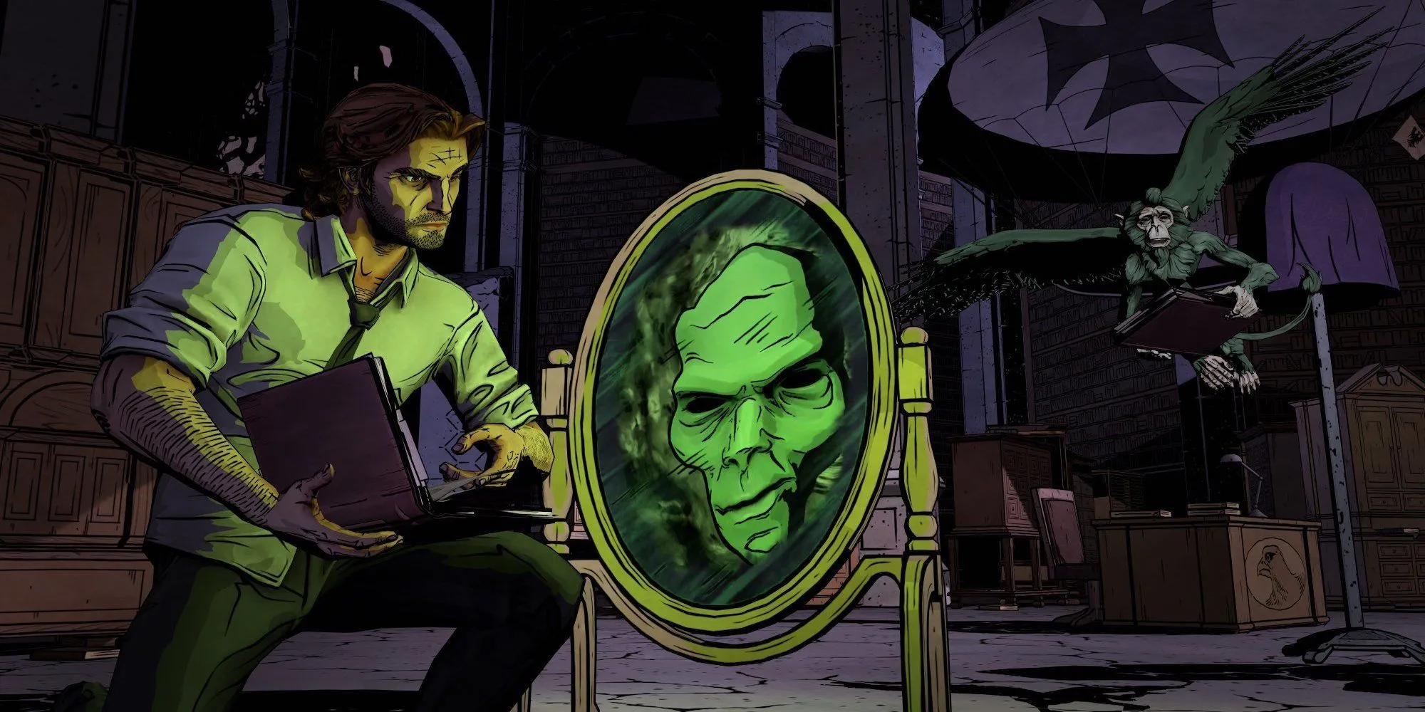 Bigby Wolf đứng cạnh gương thần trong The Wolf Among Us đồ họa tiểu thuyết