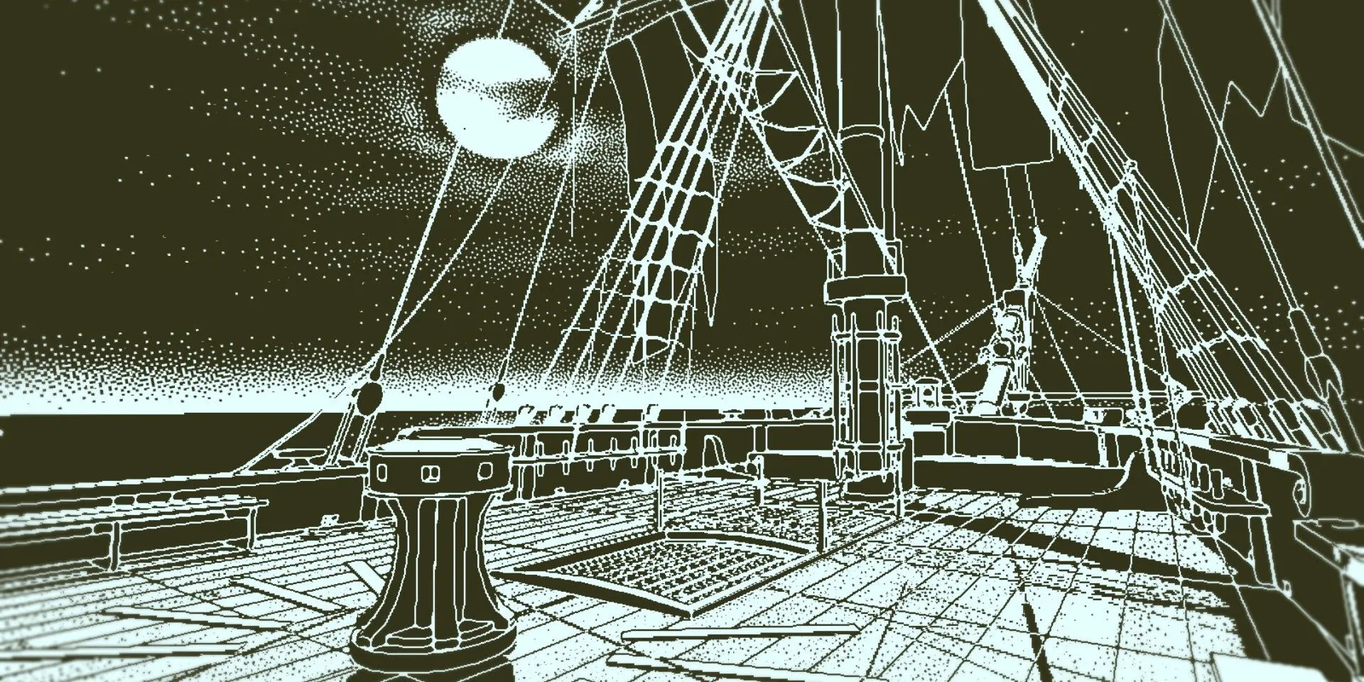 Boong tàu ma ám trong Return Of The Obra Dinn với tông màu đơn sắc đặc trưng.