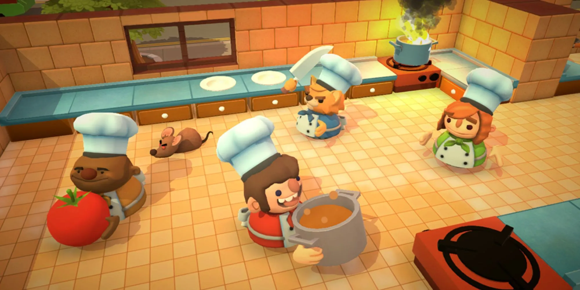 Các đầu bếp hoạt hình trong Overcooked 2 đang hối hả chuẩn bị món ăn trong một căn bếp hỗn loạn.