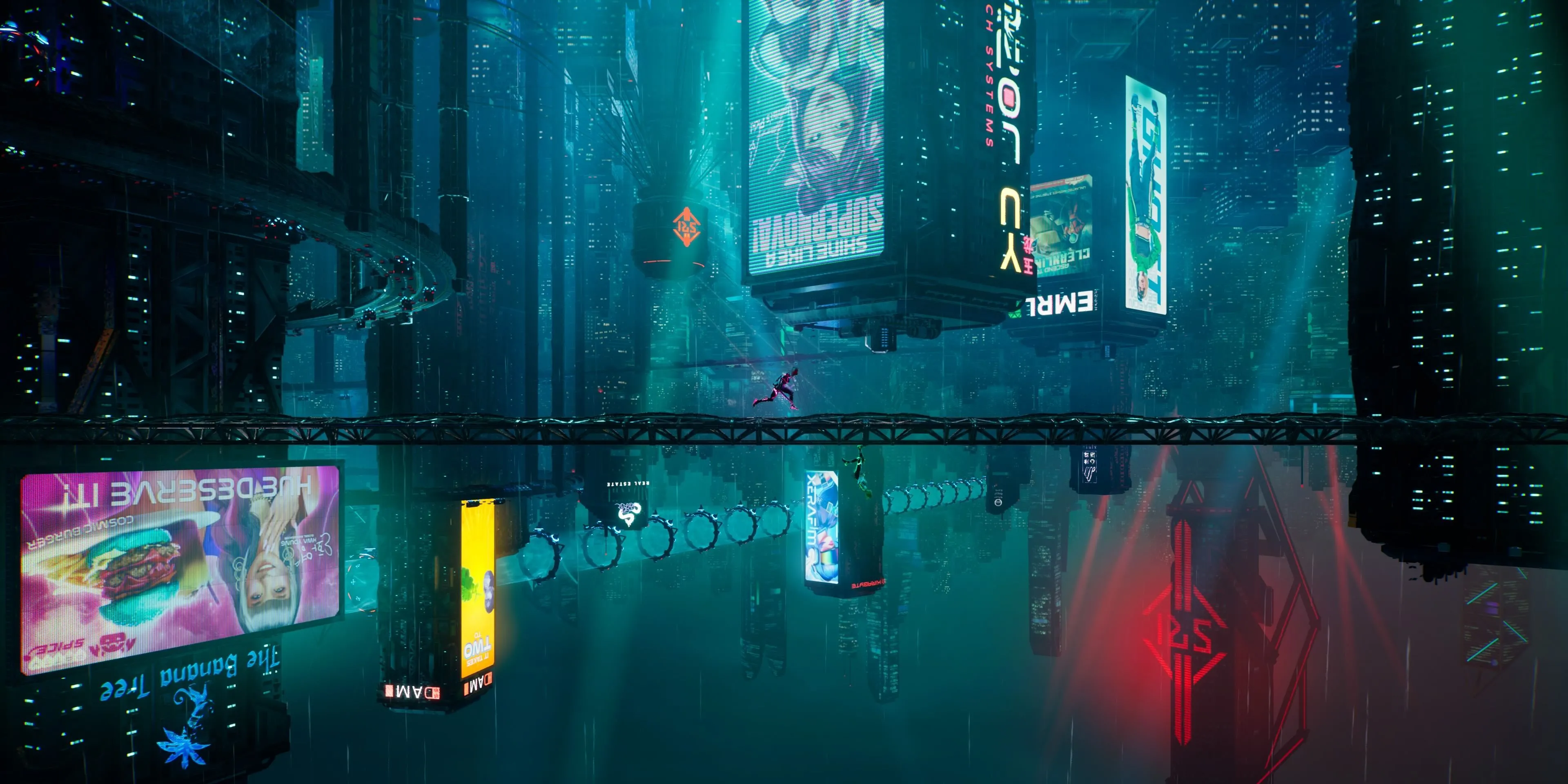 Cảnh quan thành phố Neon Revenge trong Split Fiction với tông màu tím và xanh neon