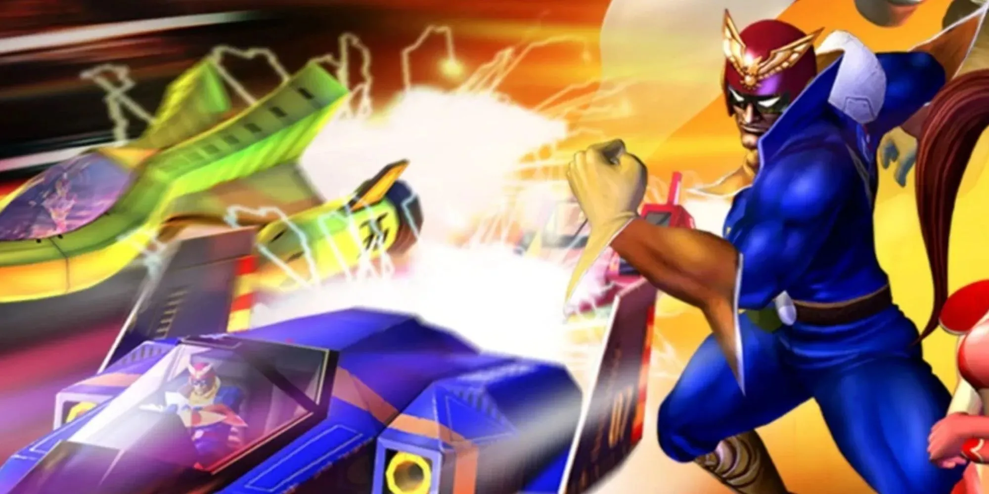 Captain Falcon bên cạnh chiếc phi thuyền Blue Falcon trong F-Zero
