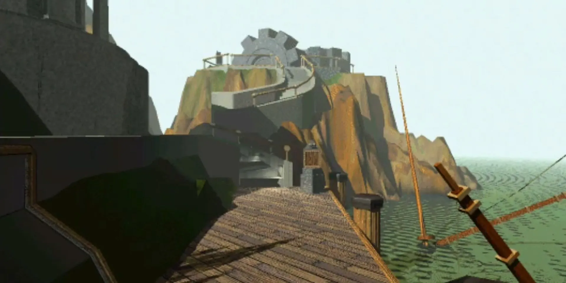 Cầu tàu dẫn vào thế giới bí ẩn trong game giải đố kinh điển Myst.