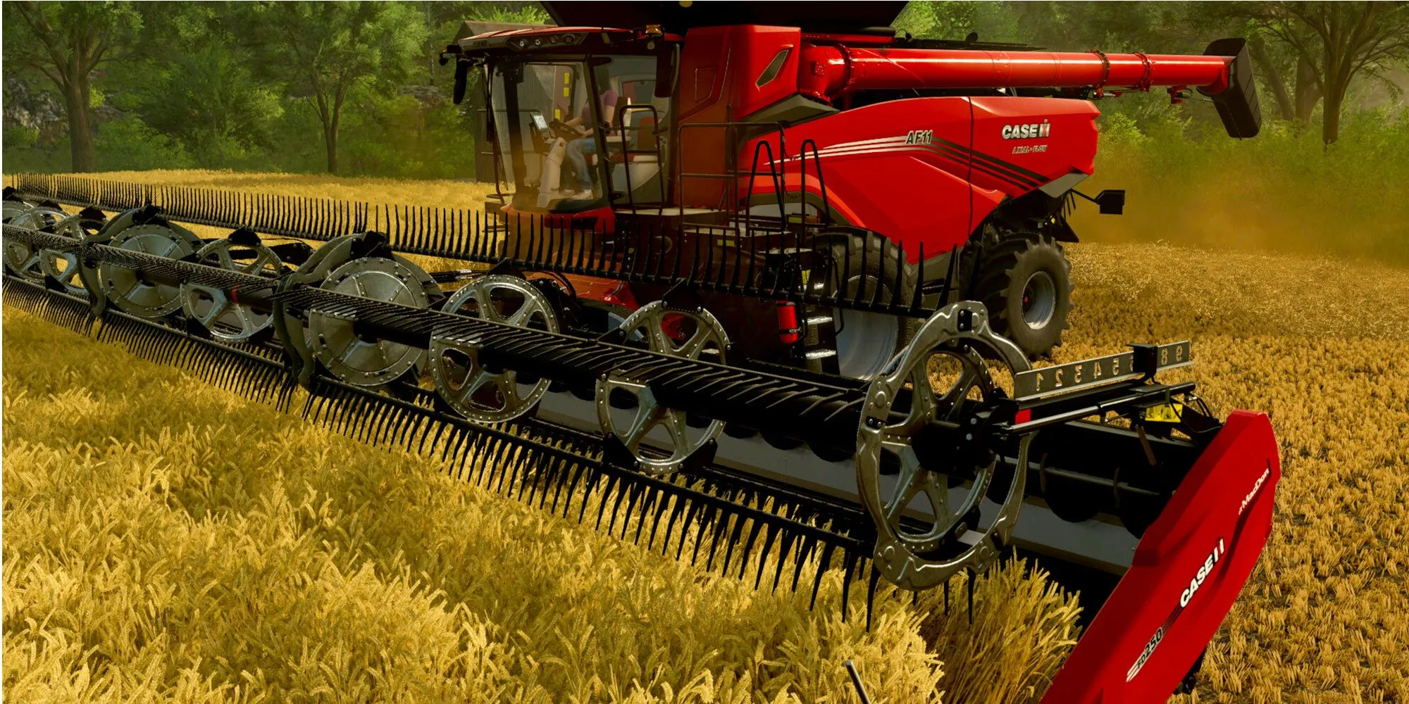 Chiếc máy cày màu đỏ đang thu hoạch ngũ cốc trong Farming Simulator 25