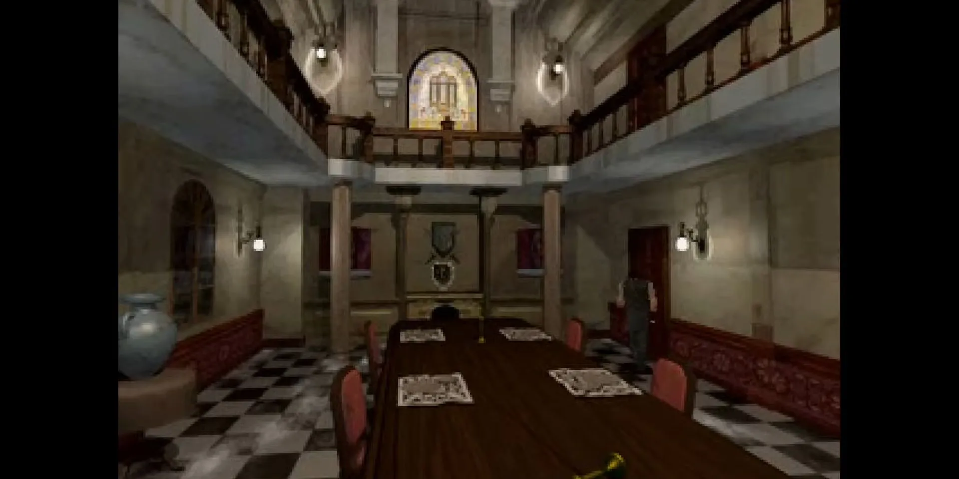 Chris Redfield trong phòng ăn của dinh thự Spencer trong Resident Evil 1996, một ví dụ điển hình của phông nền dựng sẵn