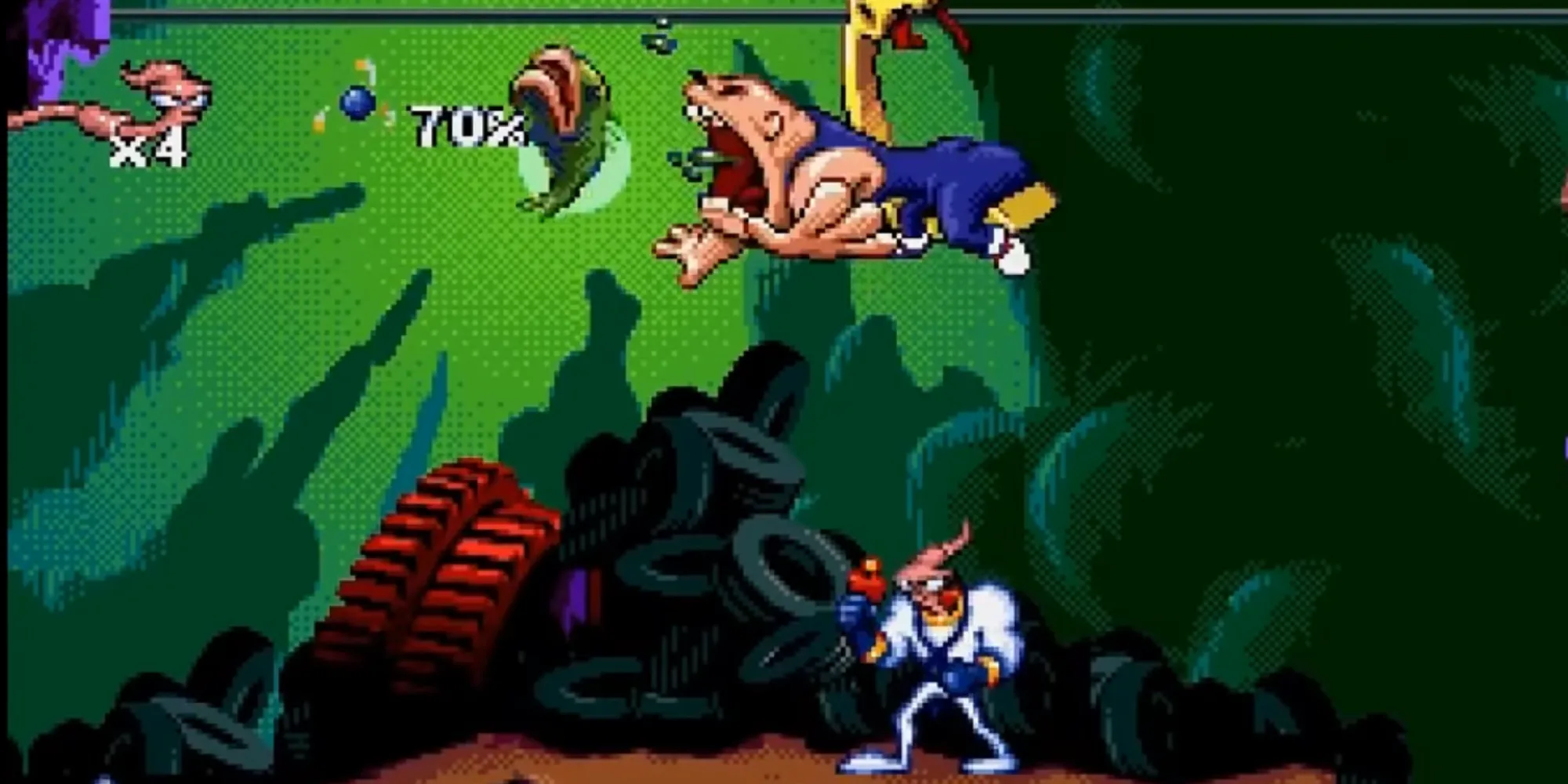Chú giun Earthworm Jim trong bộ đồ siêu anh hùng quen thuộc
