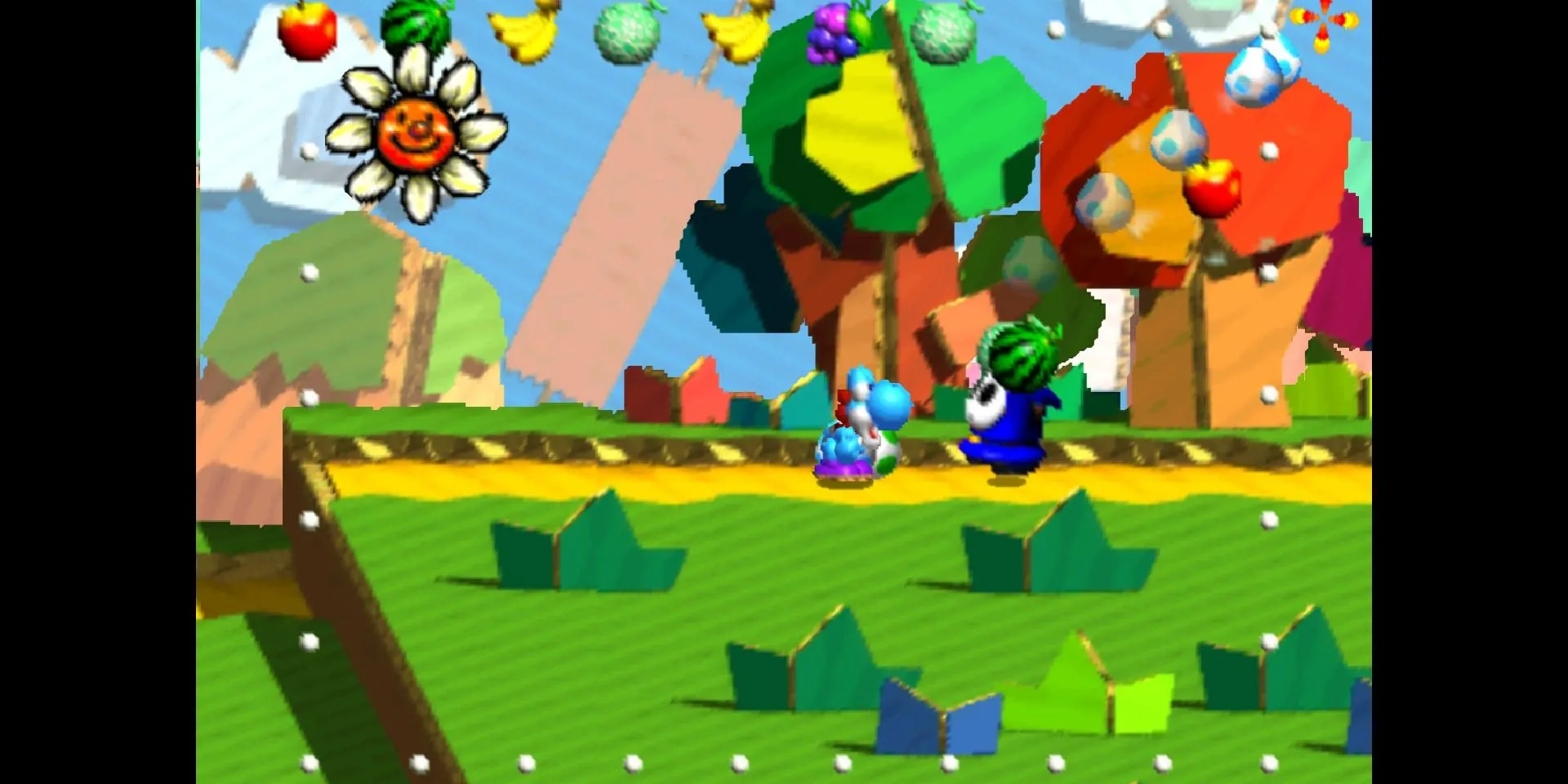 Chú khủng long Yoshi xanh lá đang chuẩn bị ném trứng trong game Yoshi's Story.