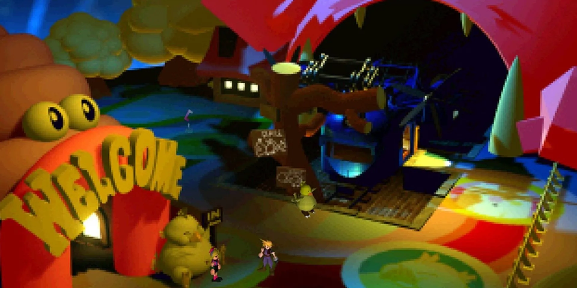 Cloud Strife tại khu giải trí Gold Saucer trong Final Fantasy 7 với kiến trúc đầy màu sắc