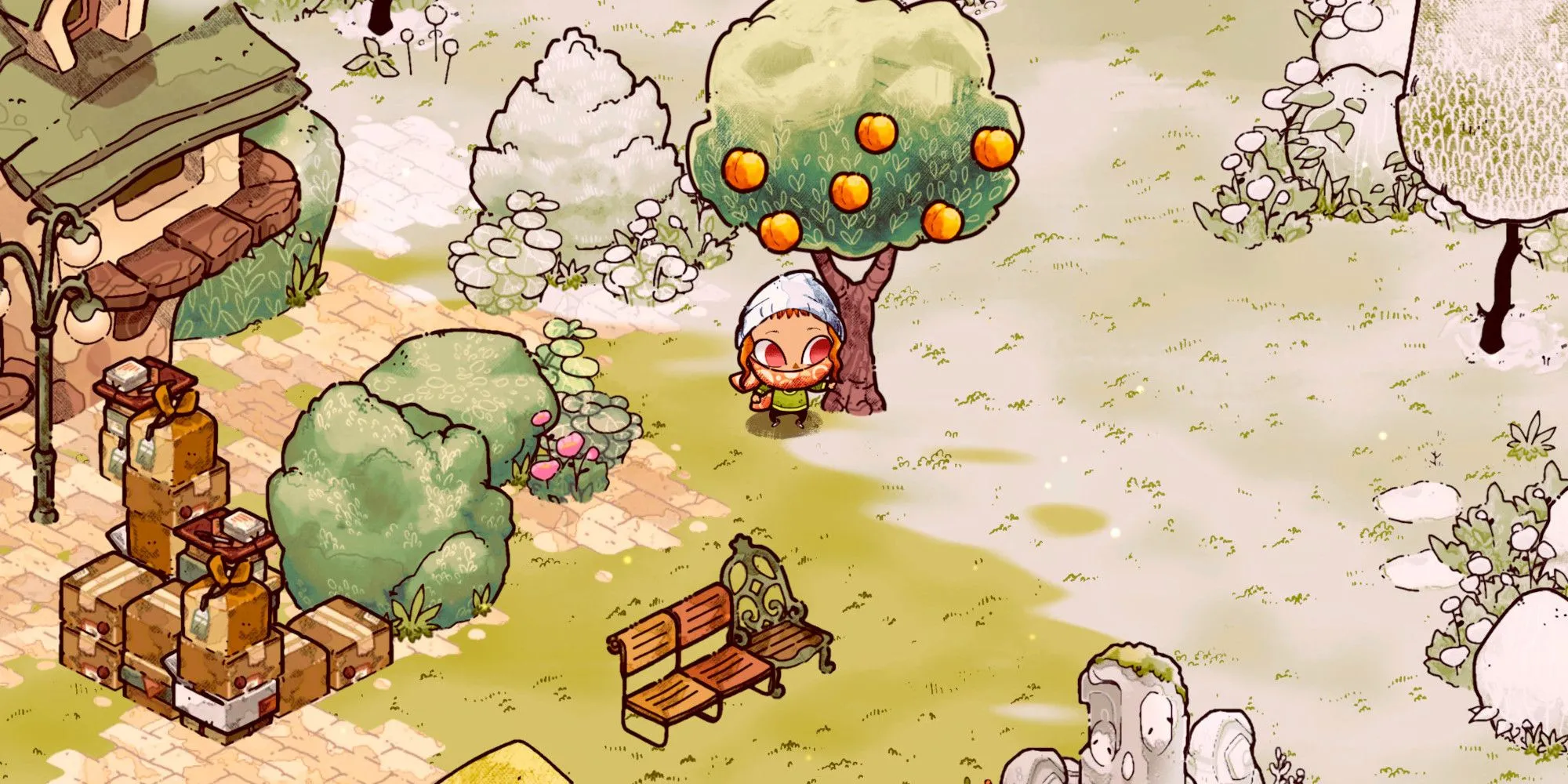 Công viên với cây cam rực rỡ trong game Cozy Grove