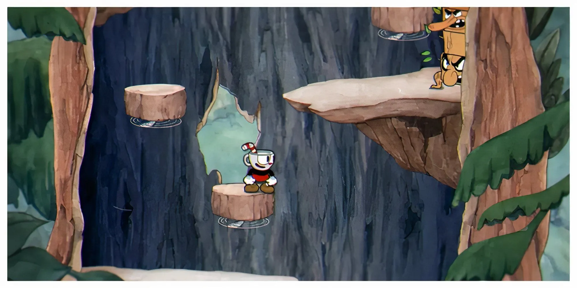 Cuphead và Mugman đối đầu với một con trùm khổng lồ trong Cuphead