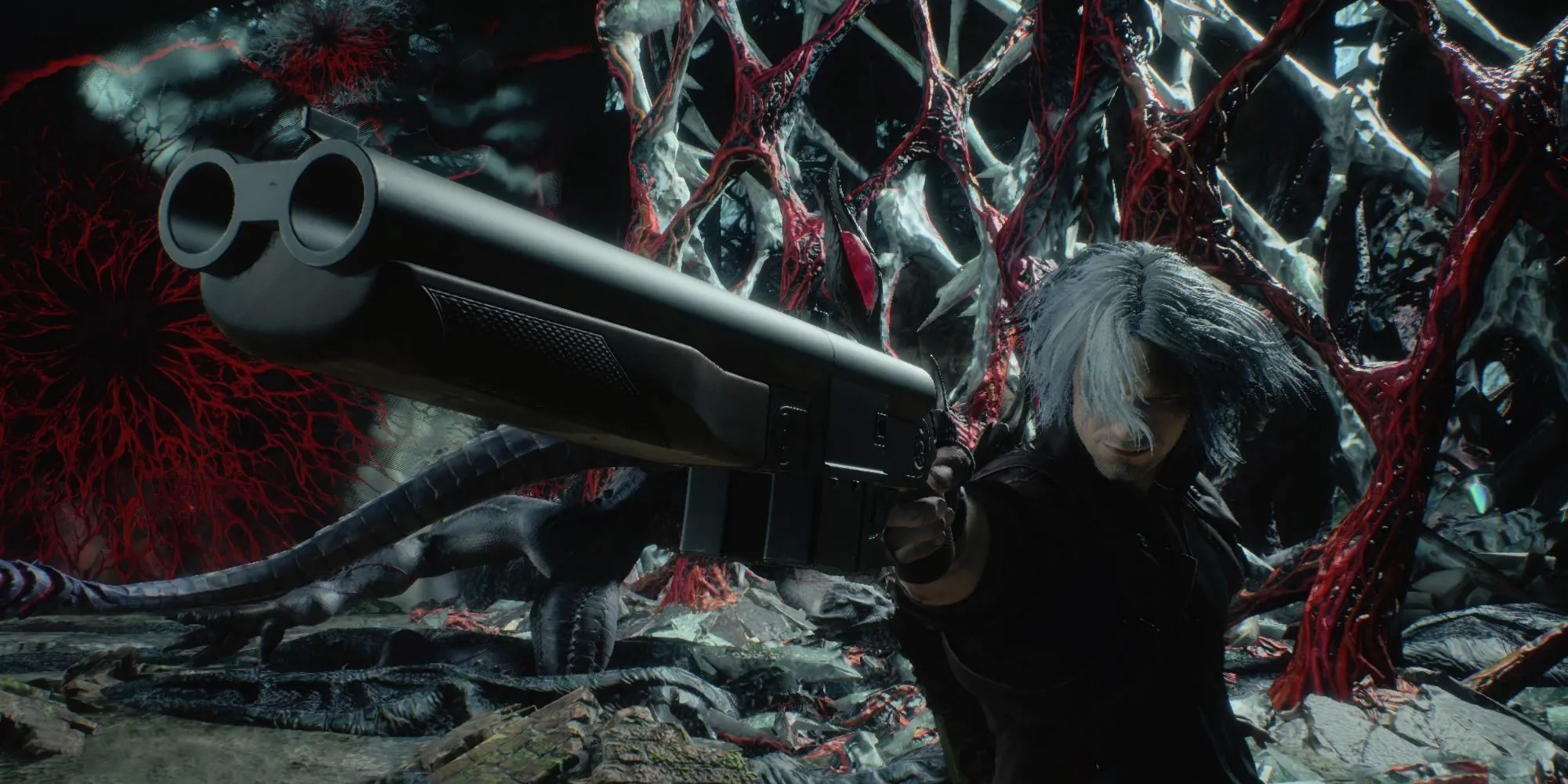 Dante ngắm bắn bằng shotgun Coyote-A trong Devil May Cry 5