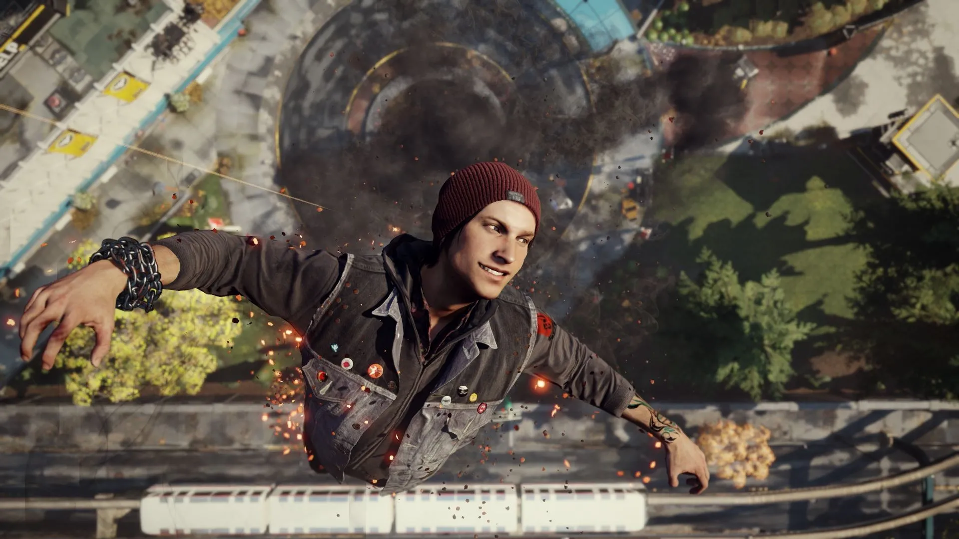 Delsin Rowe từ Infamous Second Son sử dụng sức mạnh bay lượn giữa thành phố Seattle, một điểm nhấn về di chuyển trong game.