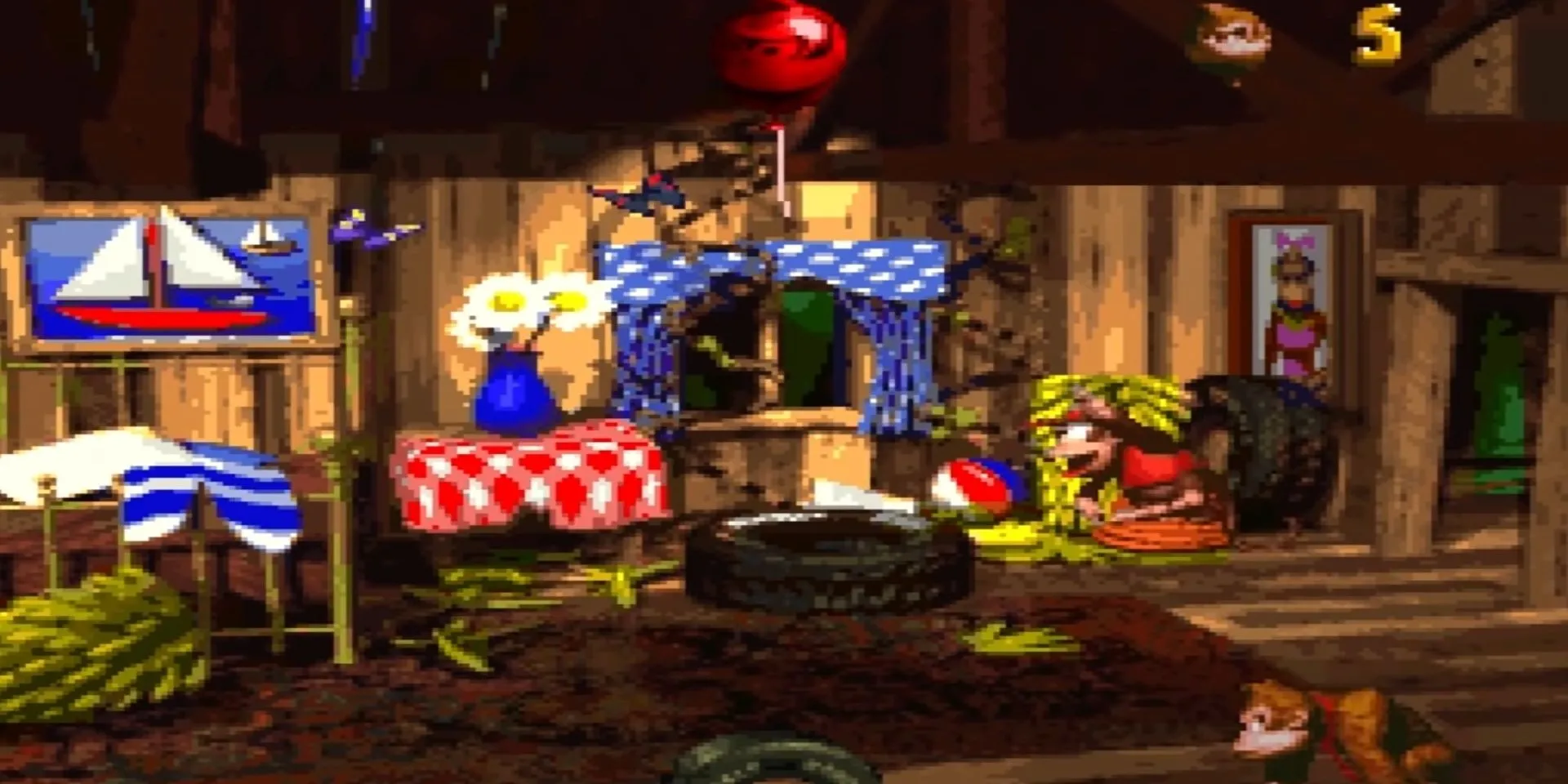 Diddy Kong và Donkey Kong trong một màn chơi rừng rậm của Donkey Kong Country trên SNES