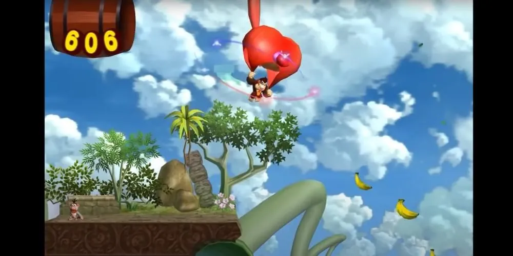 Donkey Kong đu dây dù thu thập chuối trong Donkey Kong Jungle Beat
