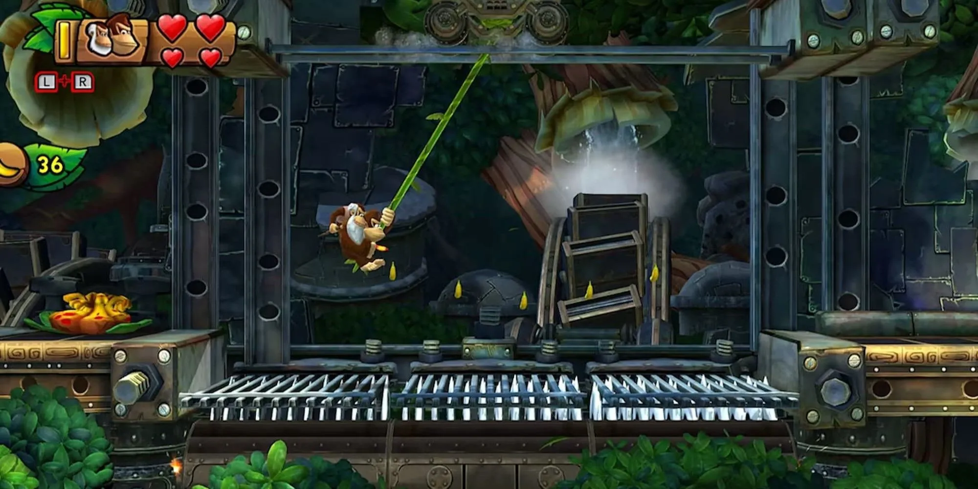 Donkey Kong đu dây qua những hàng gai nhọn trong Donkey Kong Country Tropical Freeze
