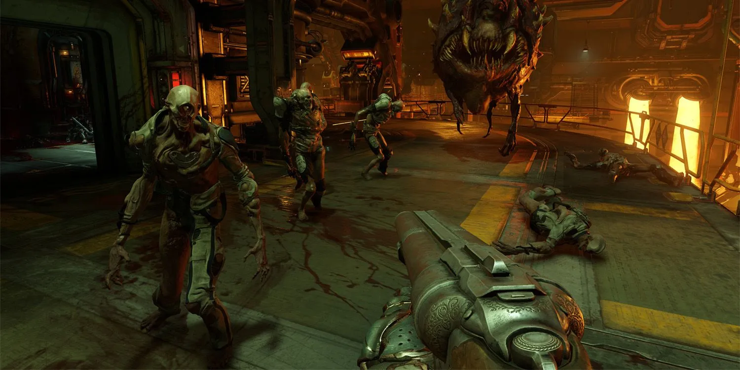 Doom (2016) gameplay với shotgun cận chiến kẻ thù cơ bản