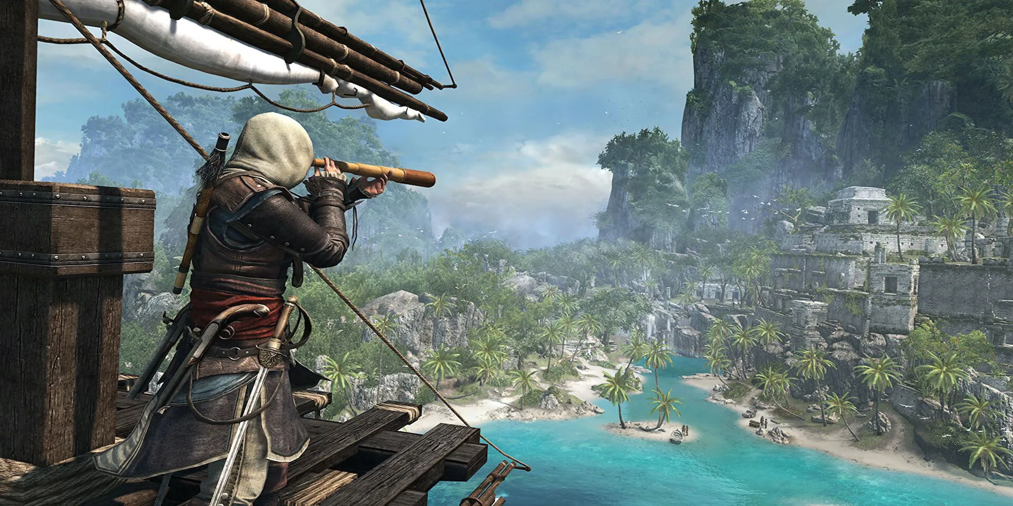 Edward Kenway trong Assassin's Creed Black Flag nhìn ra biển Caribe hùng vĩ
