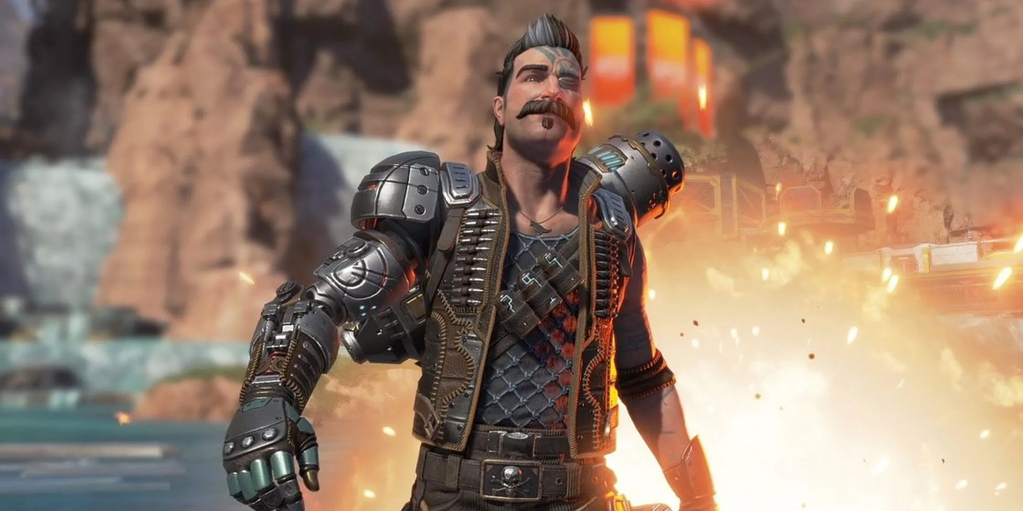 Fuse, một nhân vật trong Apex Legends, bước đi khỏi một vụ nổ, thể hiện hành động trong game.