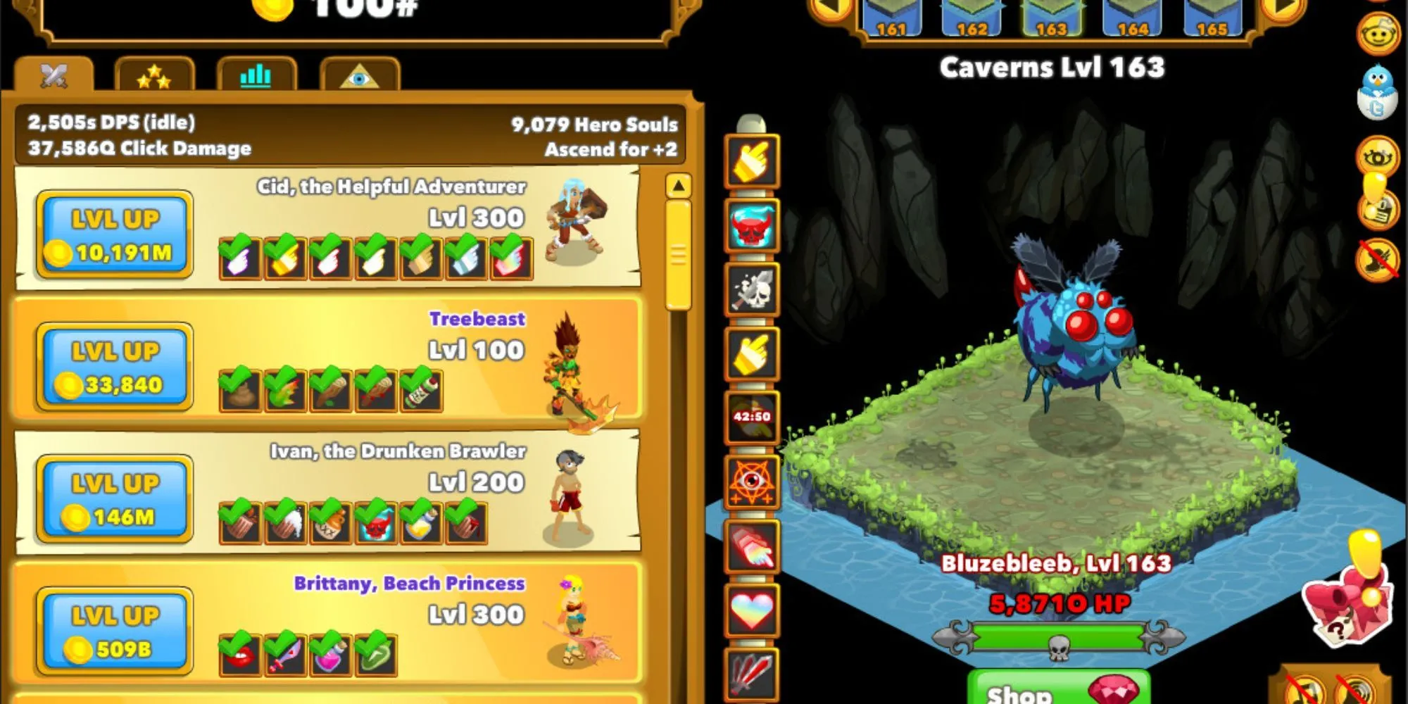 Giao diện game Clicker Heroes hiển thị các anh hùng và màn chơi Caverns cấp 163 - một tựa game click chuột cày cuốc