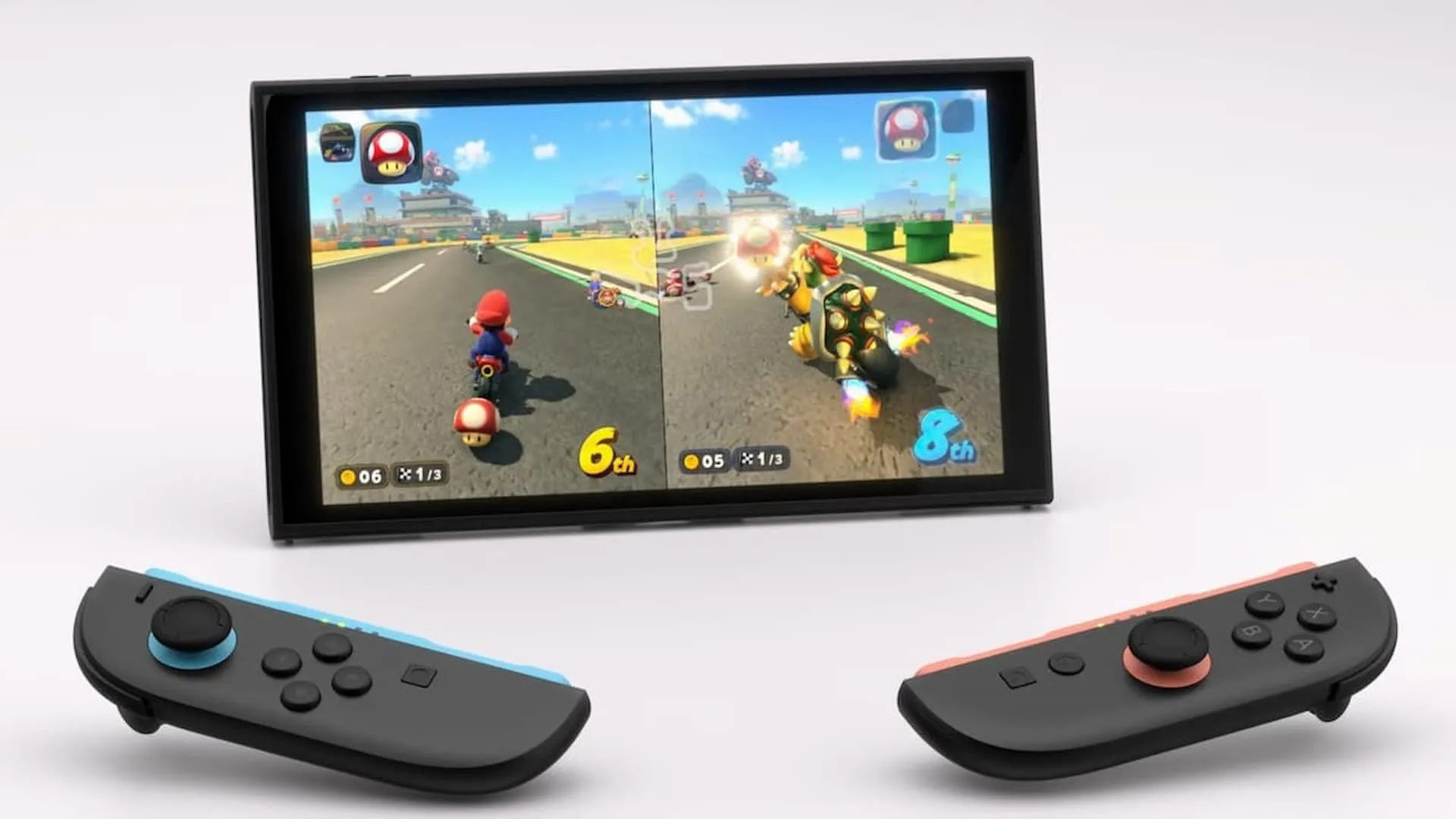 Giao diện game Mario Kart hiển thị trên Nintendo Switch 2 với cặp Joy-Con, minh họa trải nghiệm chơi game multiplayer