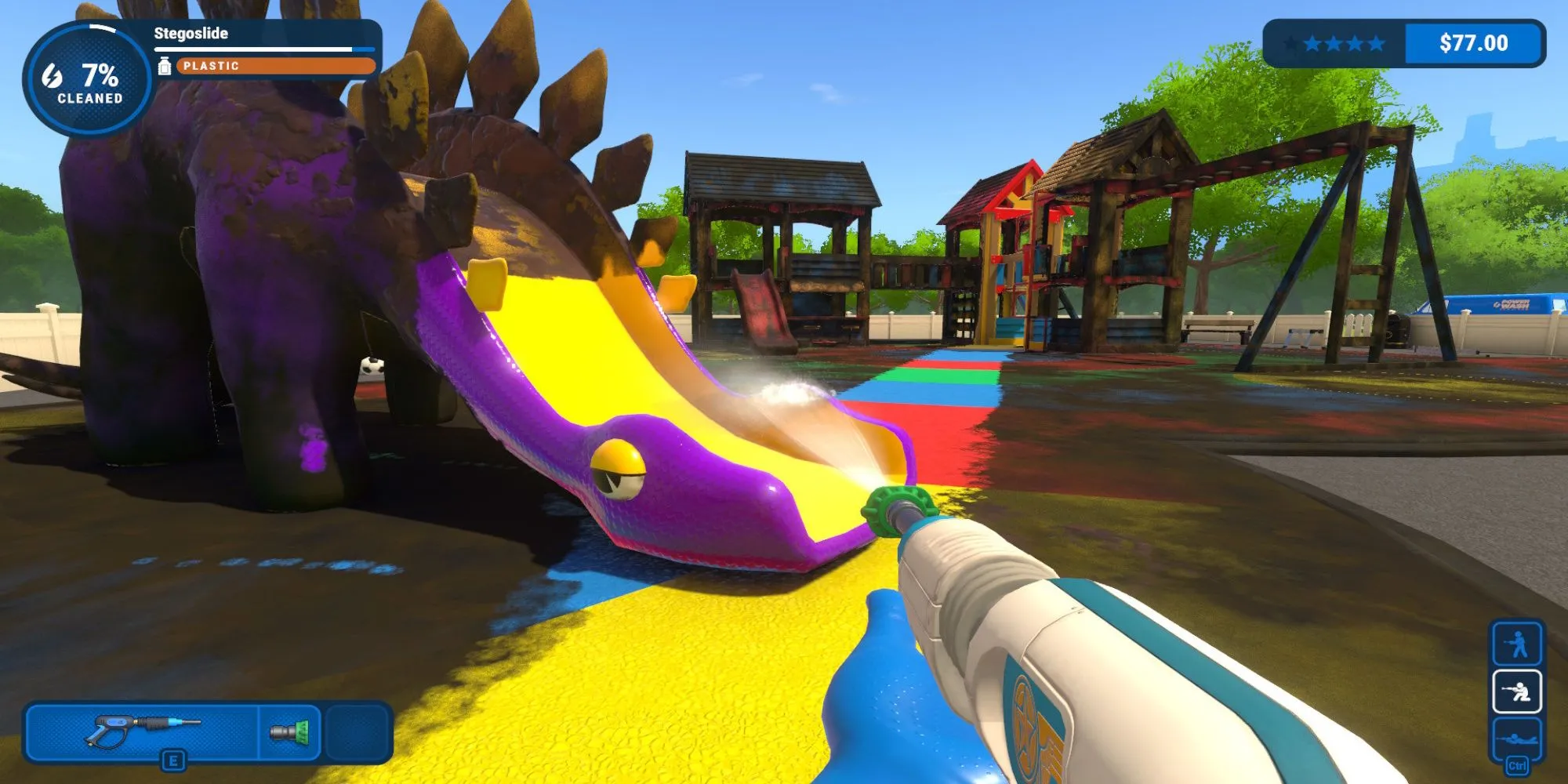 Giao diện game Powerwash Simulator cho thấy một công việc dọn dẹp đang chờ người chơi chinh phục, mang lại cảm giác kiểm soát