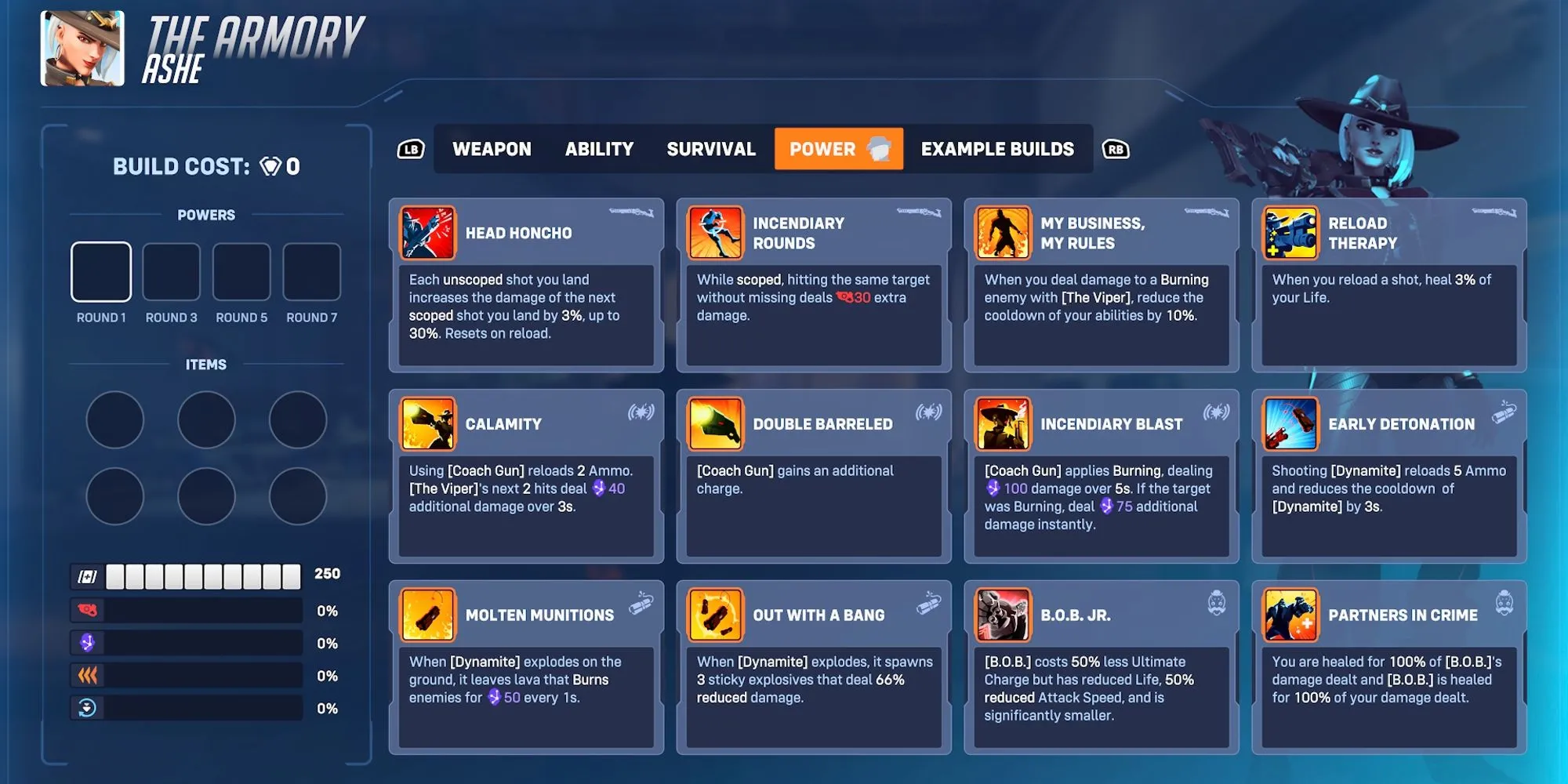 Giao diện Kho Vũ Khí (Armory) trong chế độ Stadium Overwatch 2 hiển thị các Power và Ability