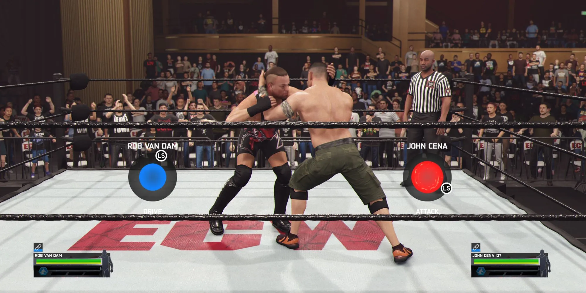 Giao diện mini-game chain wrestling trong WWE 2K25 yêu cầu xoay joystick