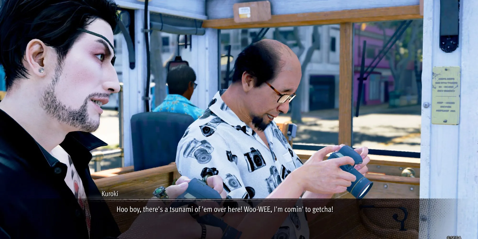 Giao diện minigame Sicko Snap trên xe điện, người chơi nhắm ống kính vào một Papillon Boy màu trắng