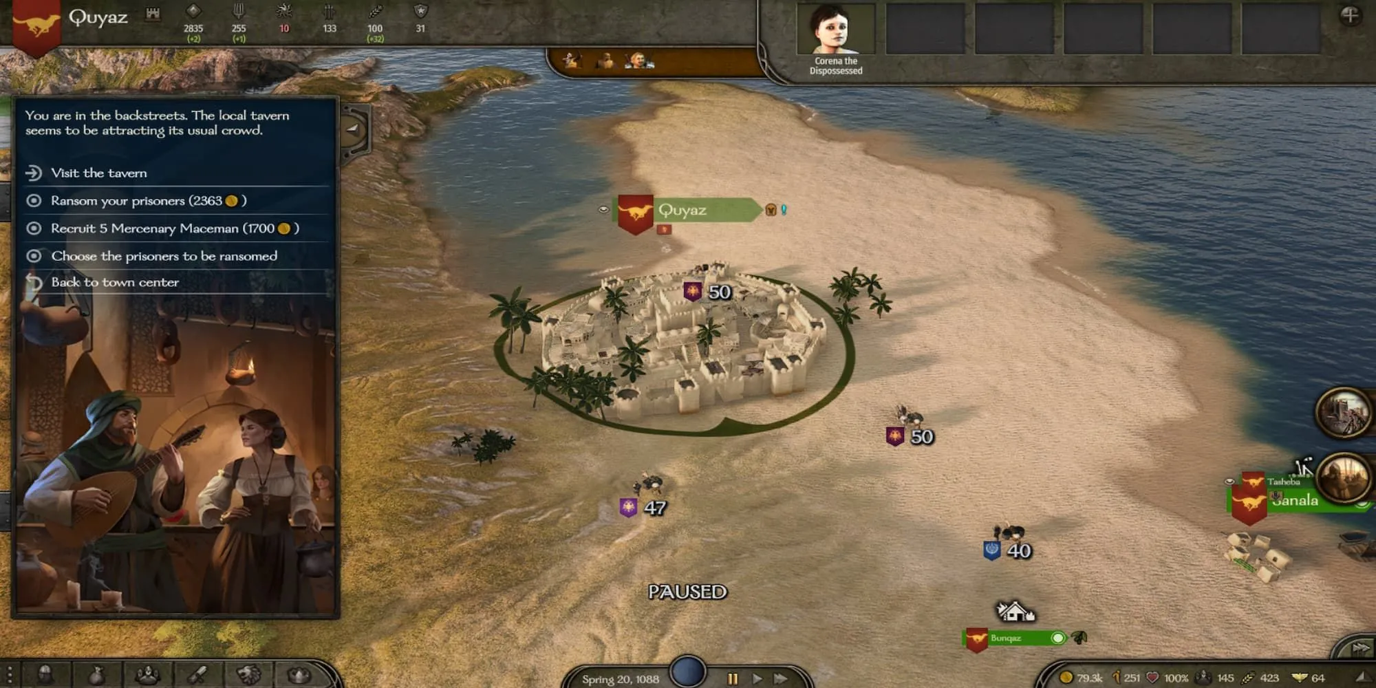 Giao diện quán rượu tại thành phố Quyaz trong Mount &amp; Blade II: Bannerlord.